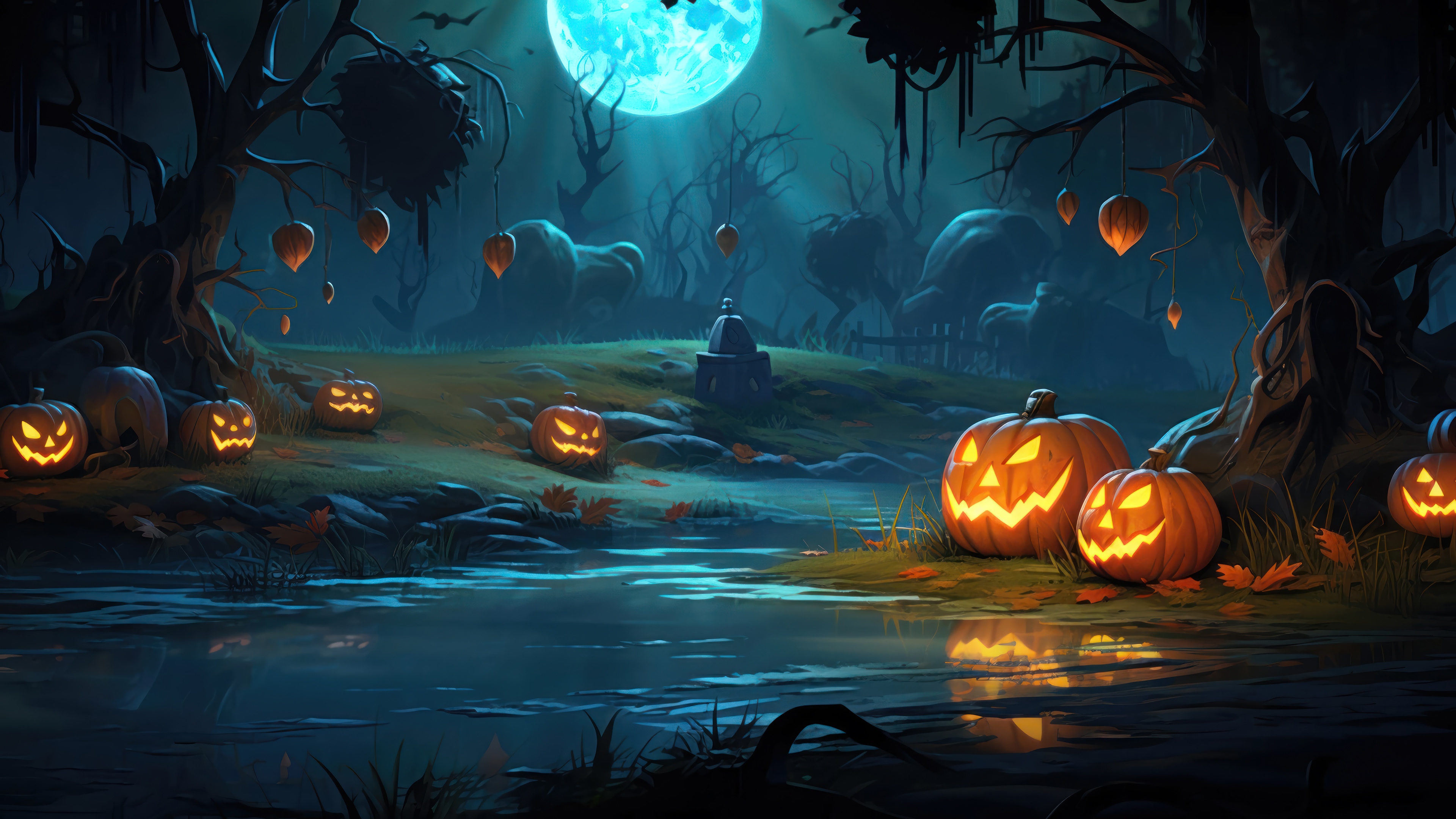 Halloween Night with Carved Pumpkins and Full Moon HD Wallpaper