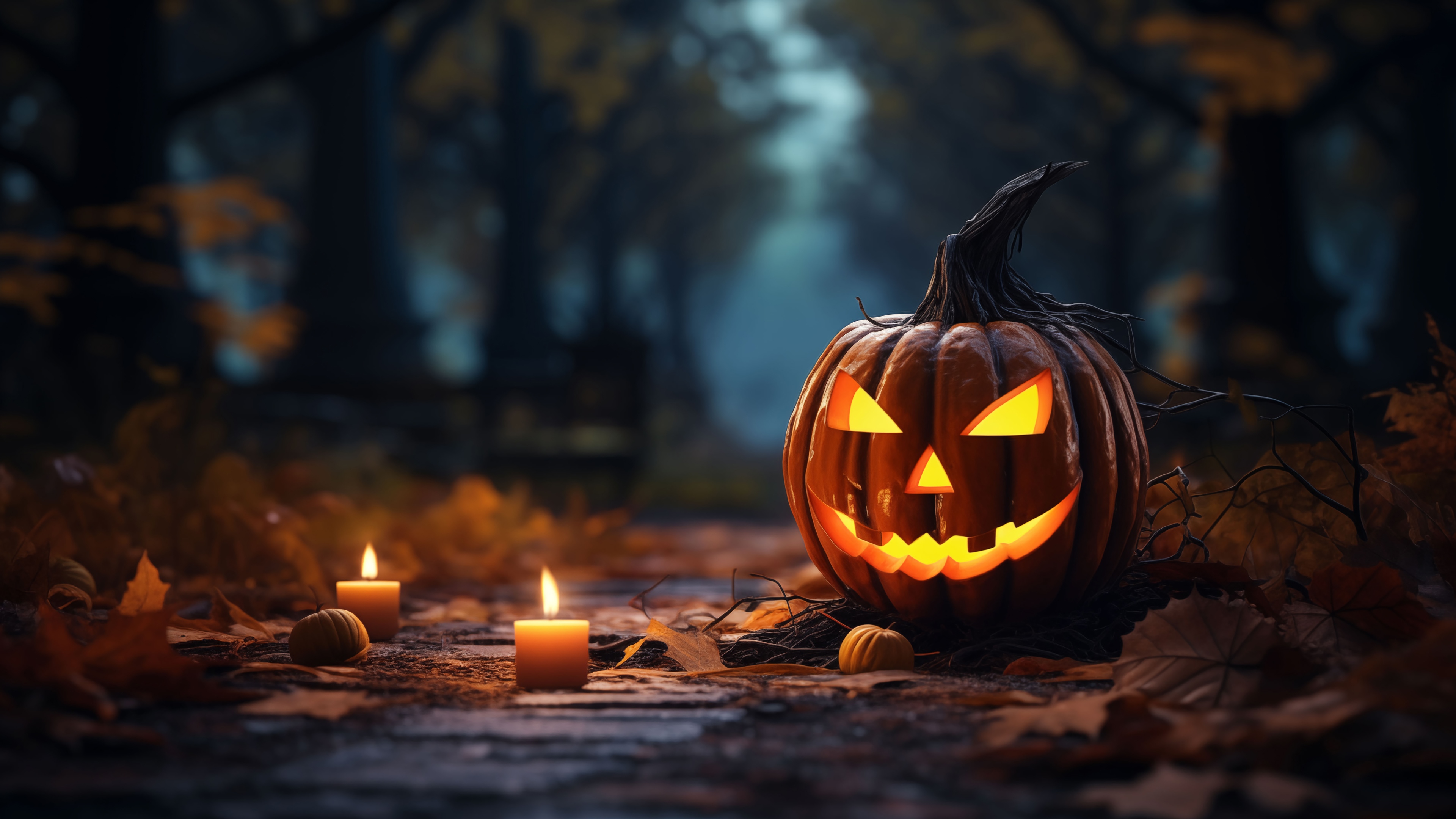 Halloween pumpkin with candles in a forest HD Wallpaper