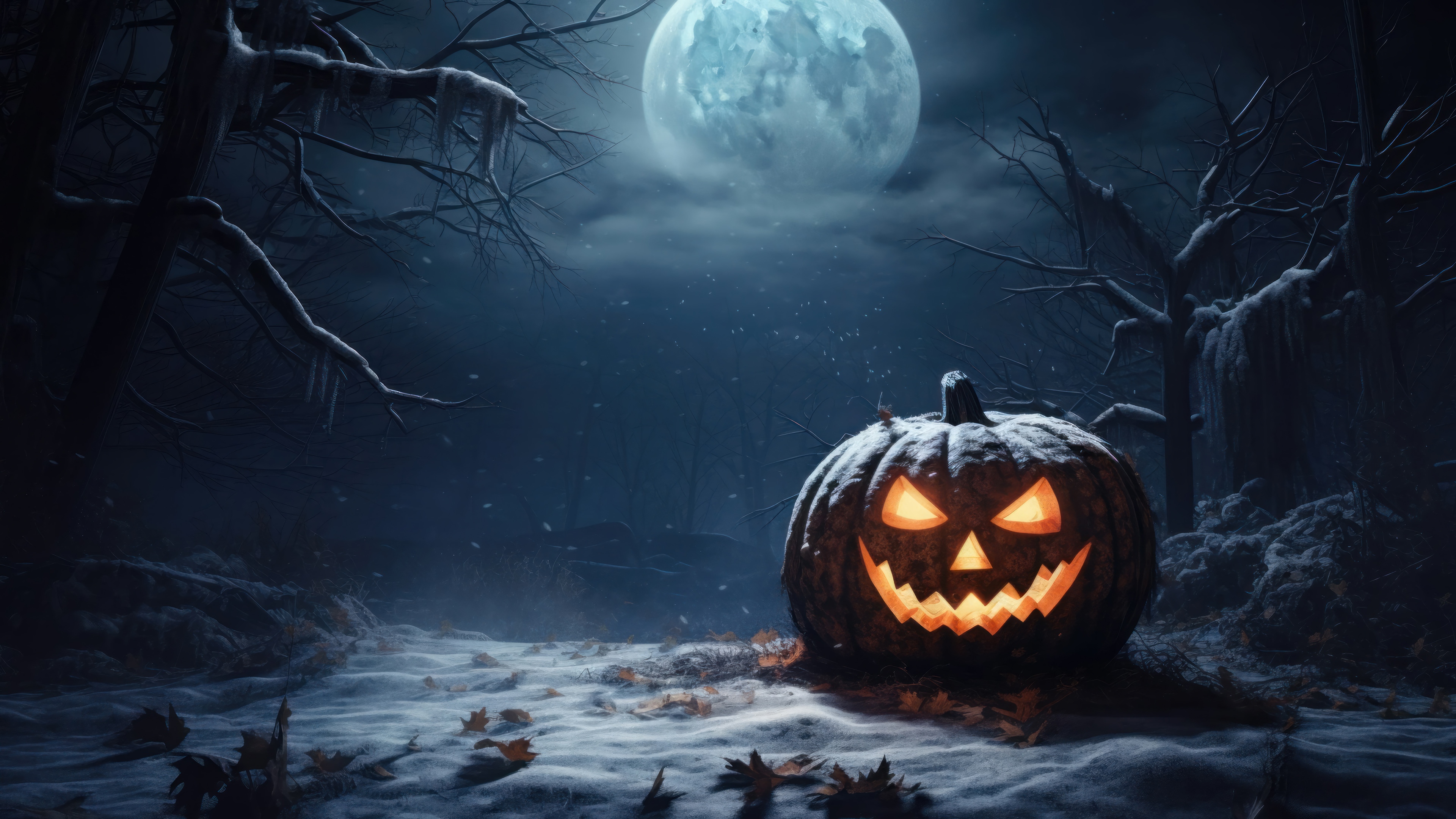 Halloween night with a glowing pumpkin under the moon HD Wallpaper