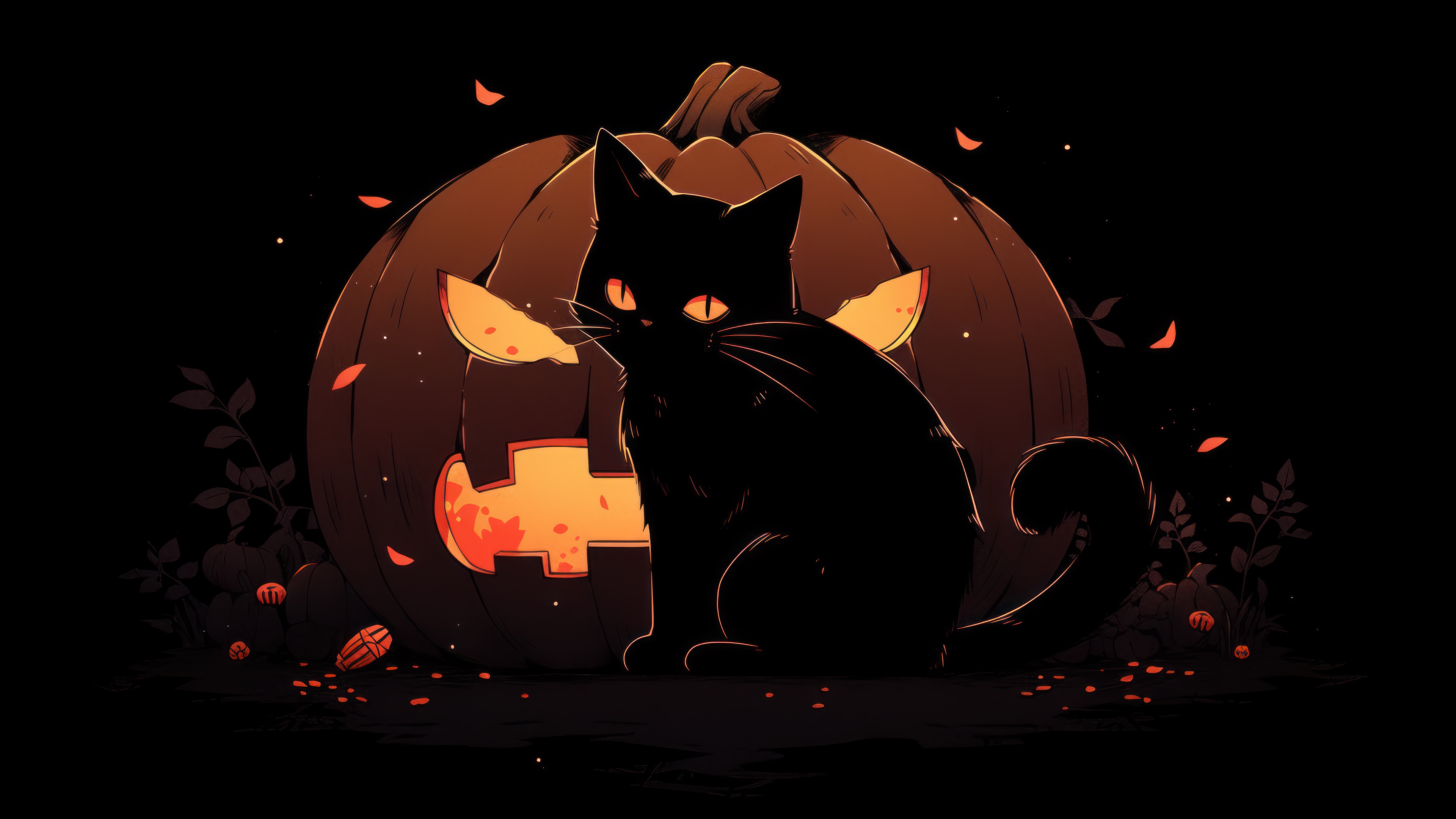 Black Cat in front of a Halloween Pumpkin 4K HD Wallpaper