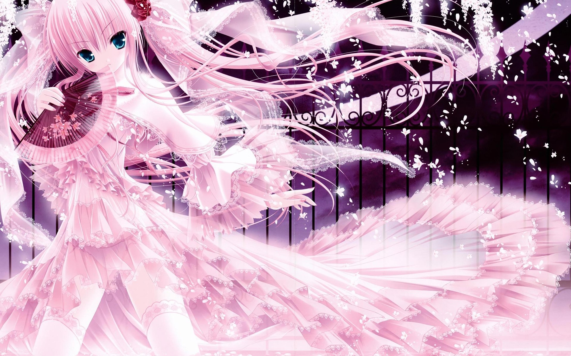 Anime girl with pink hair holding a fan HD Wallpaper