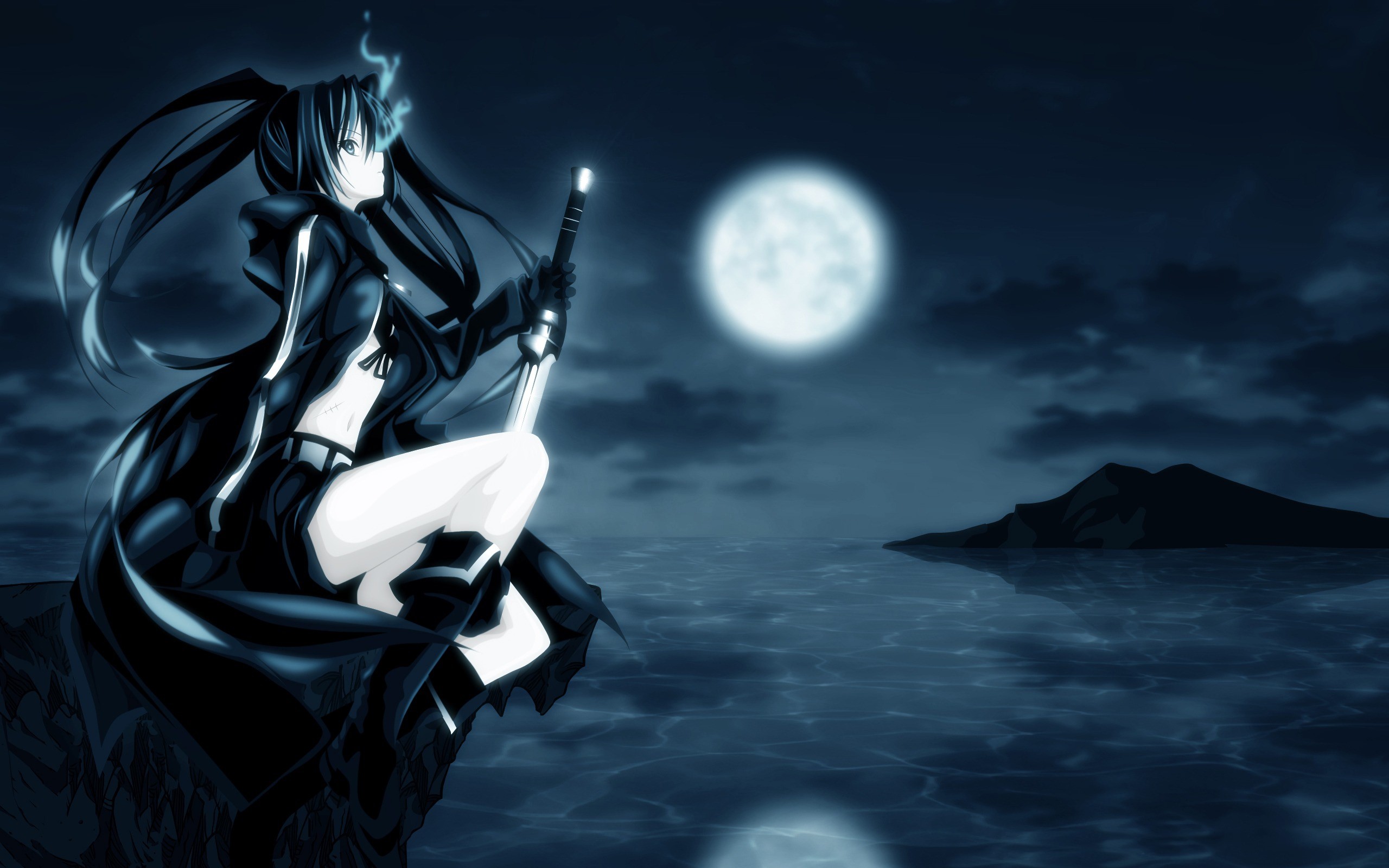 Black Rock Shooter girl with sword by the moonlit sea HD Wallpaper