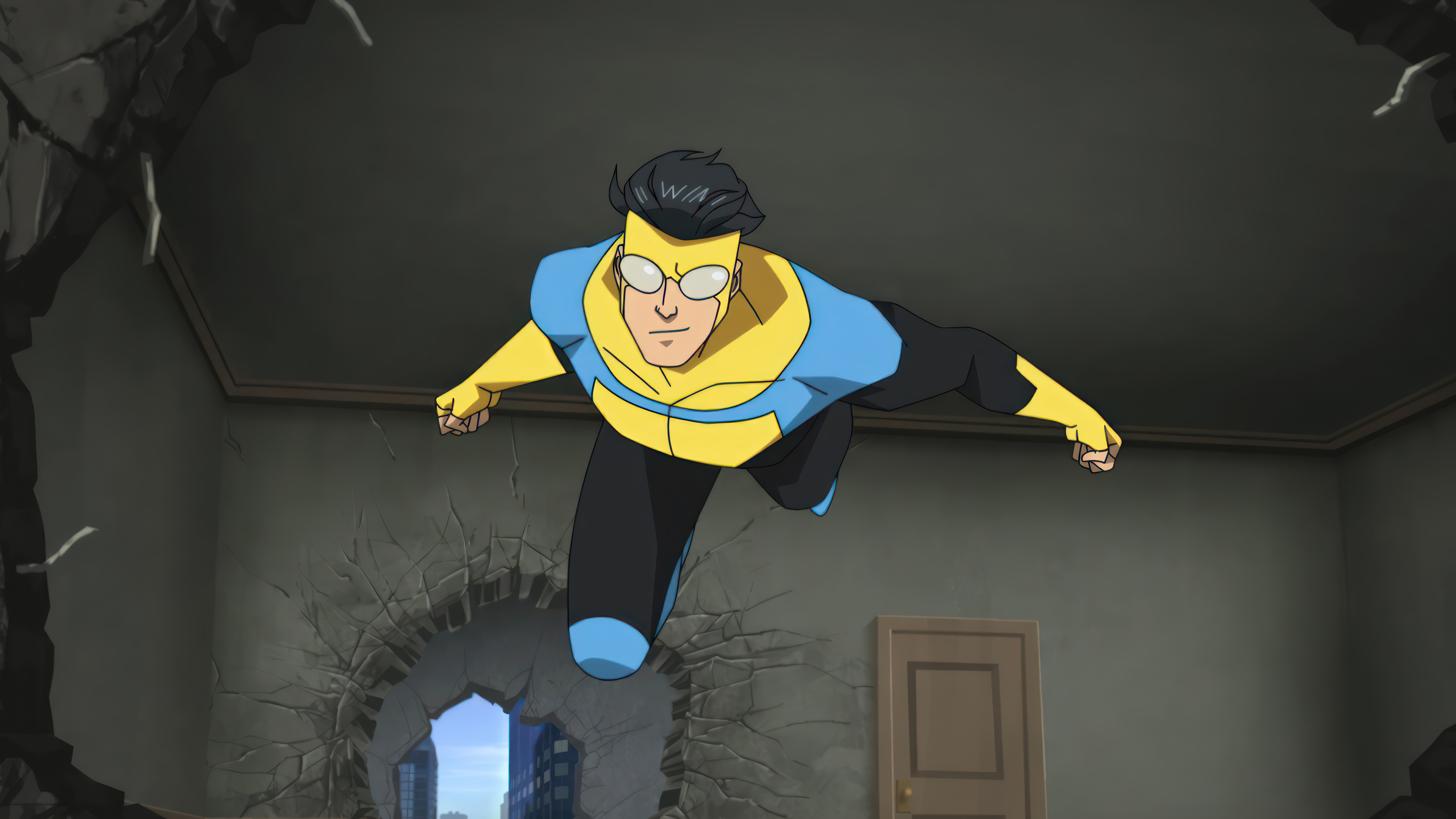 Invincible flies through a broken wall in 4K HD Wallpaper