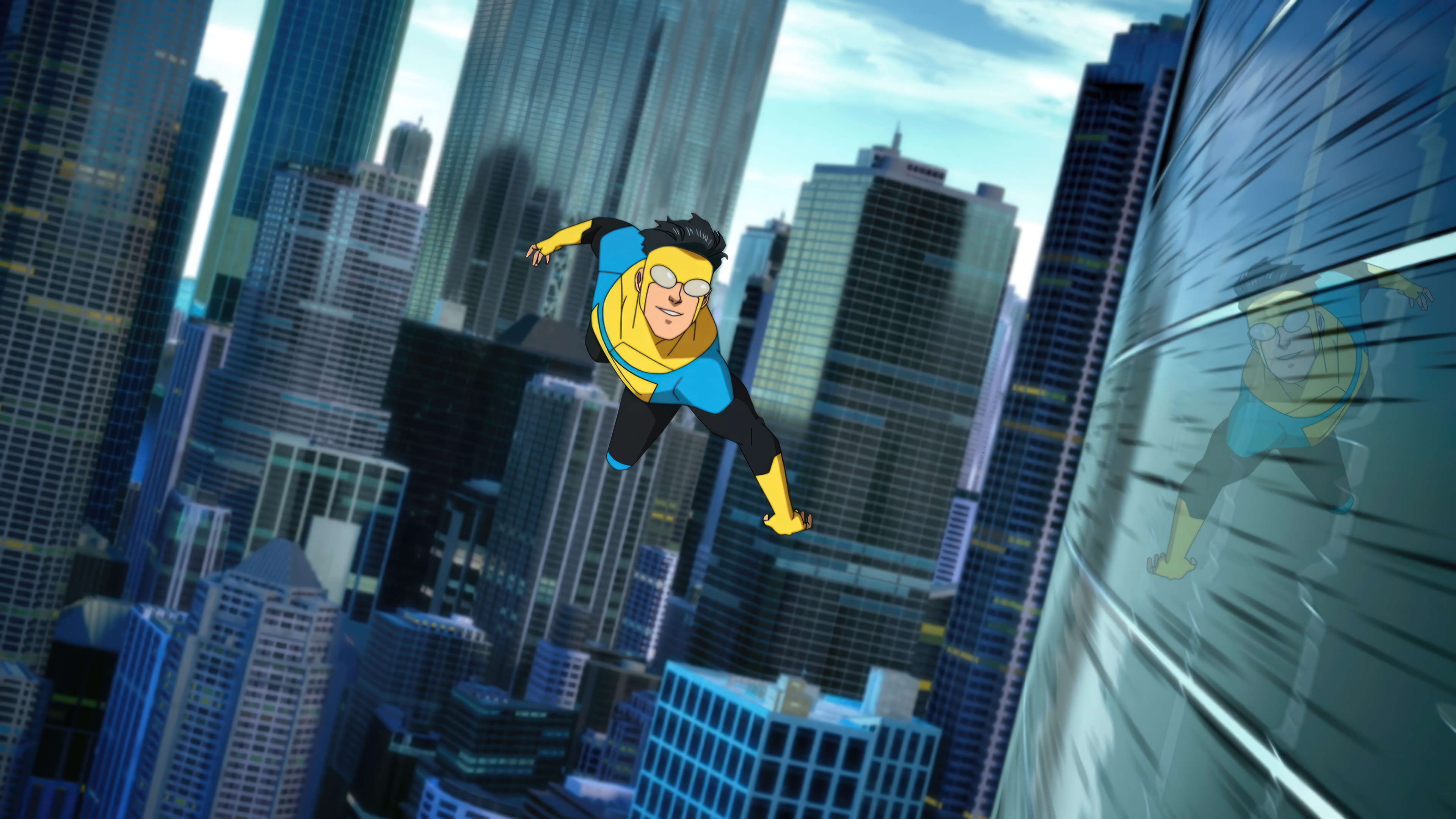 Invincible Flying Over Cityscape 4K HD Wallpaper