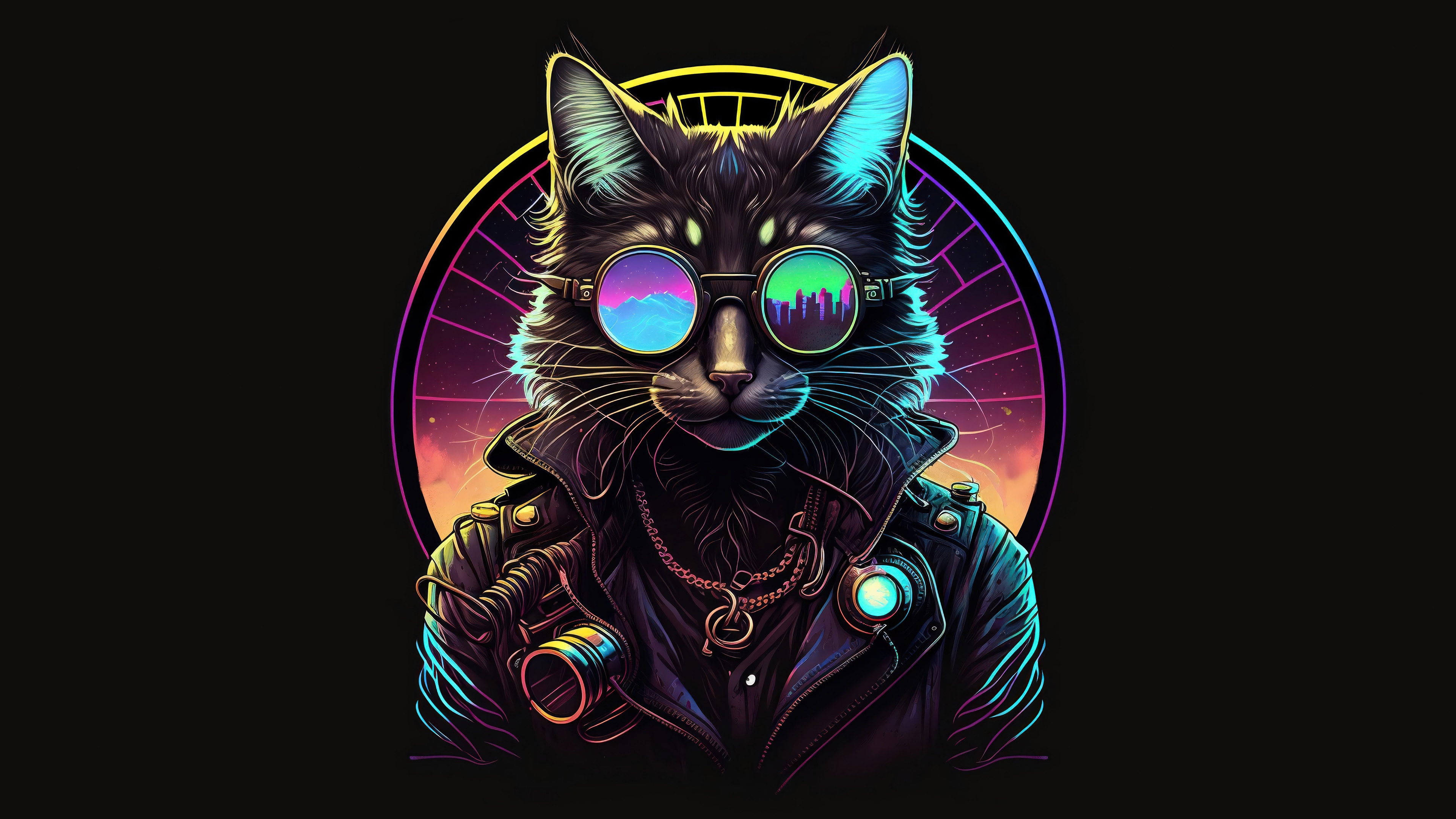 Cat wearing sunglasses and leather jacket, 4K HD Wallpaper