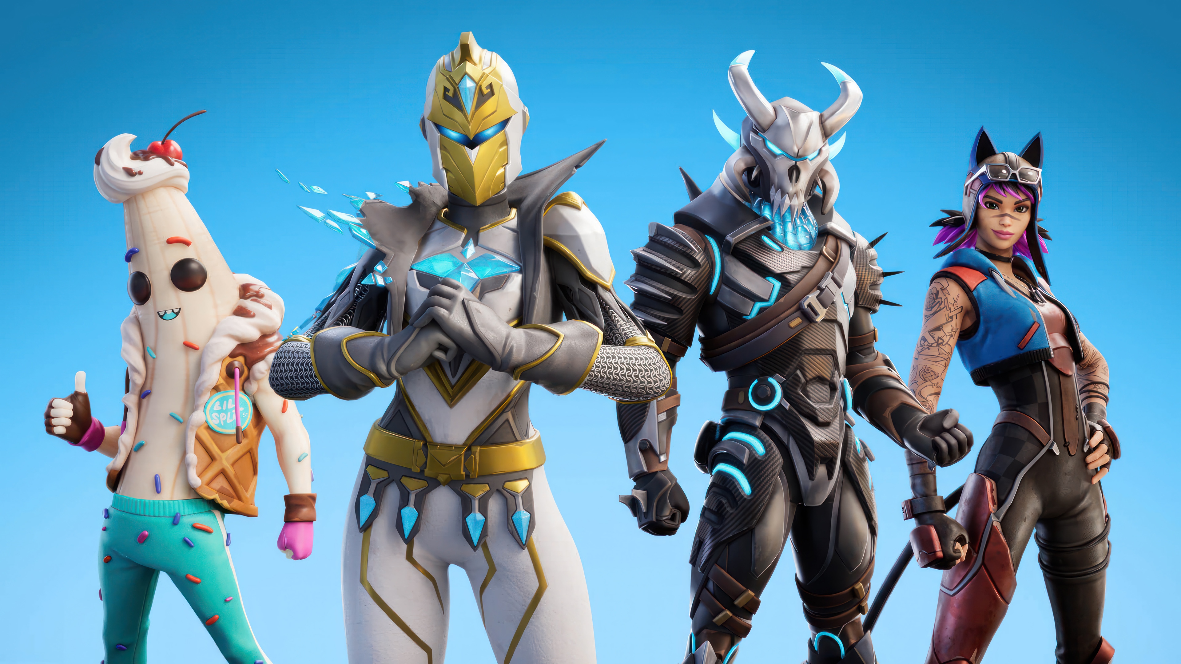 Fortnite characters: Peely, White Knight, Skull Trooper, Lynx HD Wallpaper