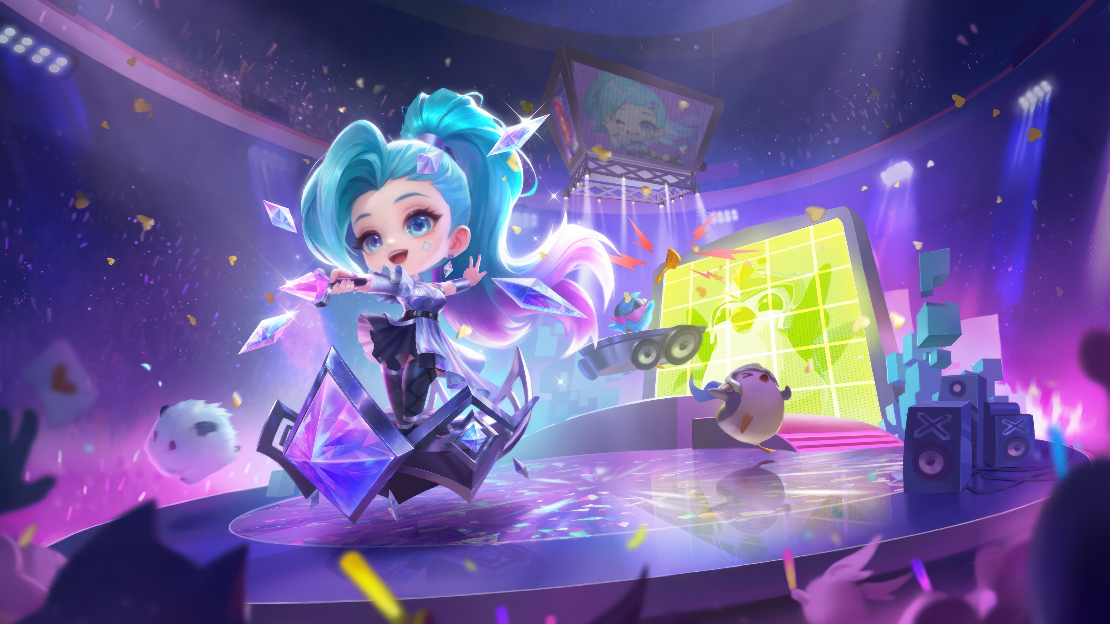 Chibi Seraphine performing on stage in Teamfight Tactics 4K HD Wallpaper