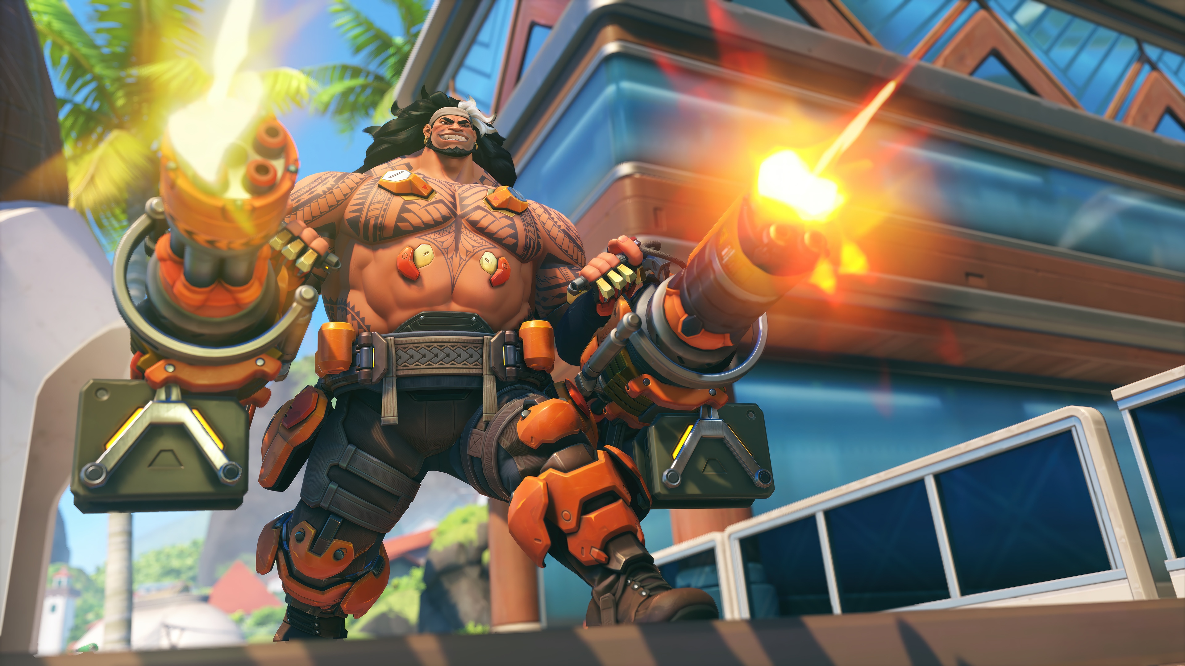 Mauga firing Gatling guns in Overwatch 2 4K HD Wallpaper