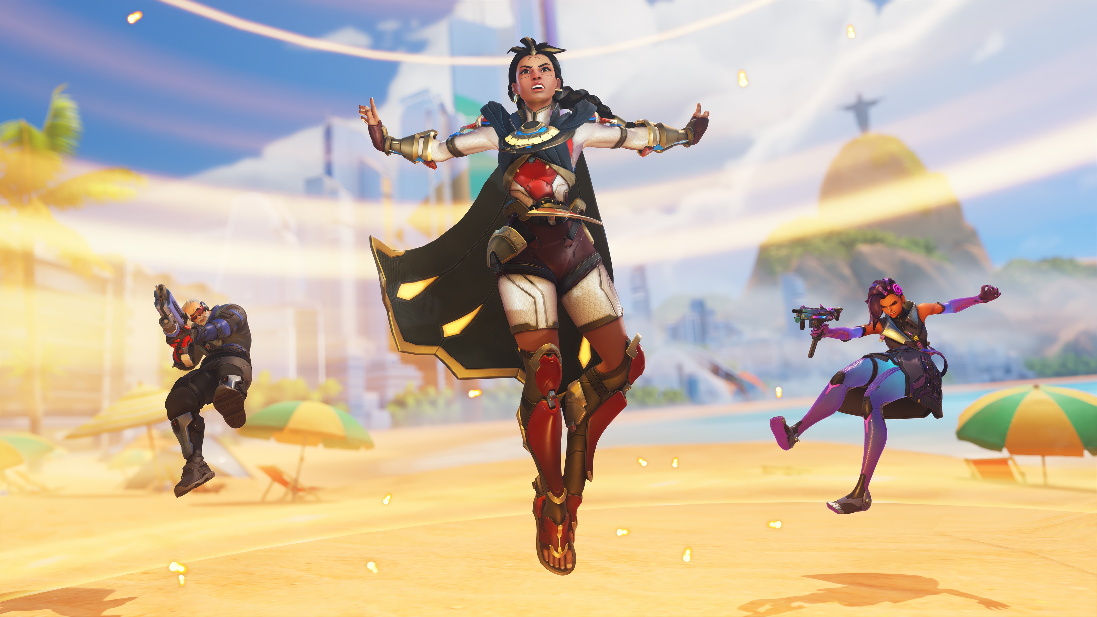Overwatch 2: Illari and allies on a beach HD Wallpaper