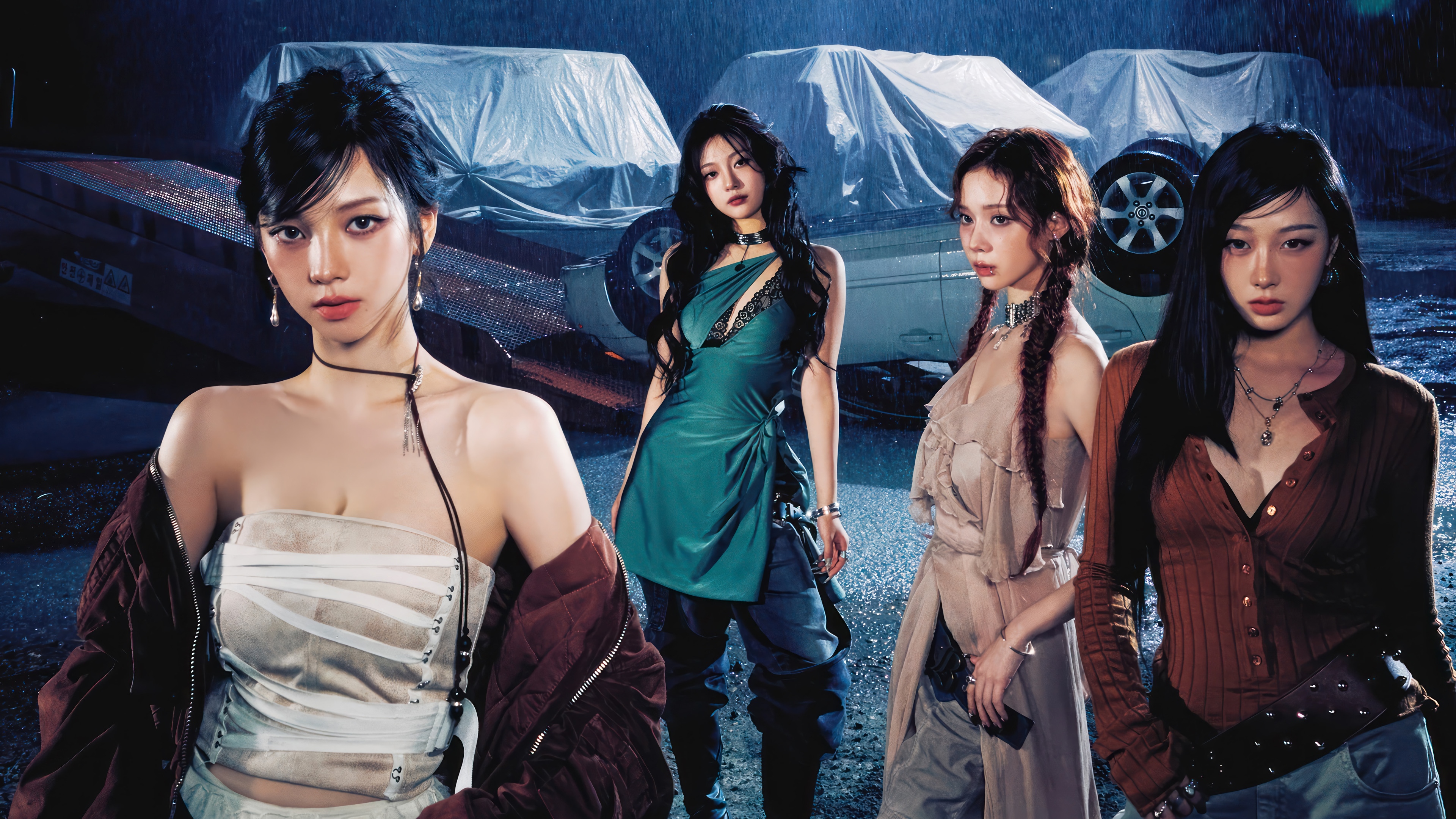 Aespa members in a rainy junkyard setting HD Wallpaper
