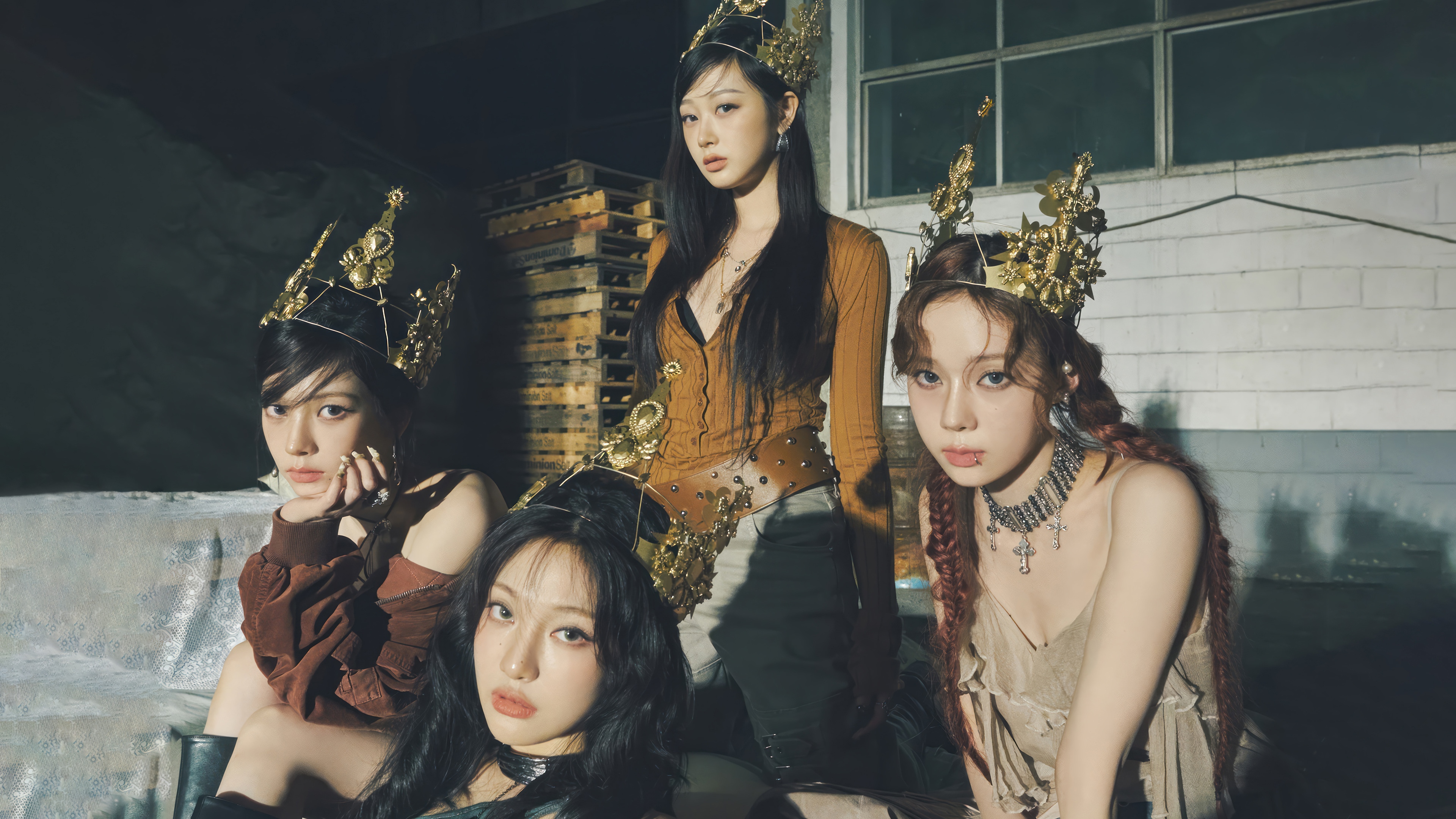 Aespa members wearing crowns in a dark setting HD Wallpaper