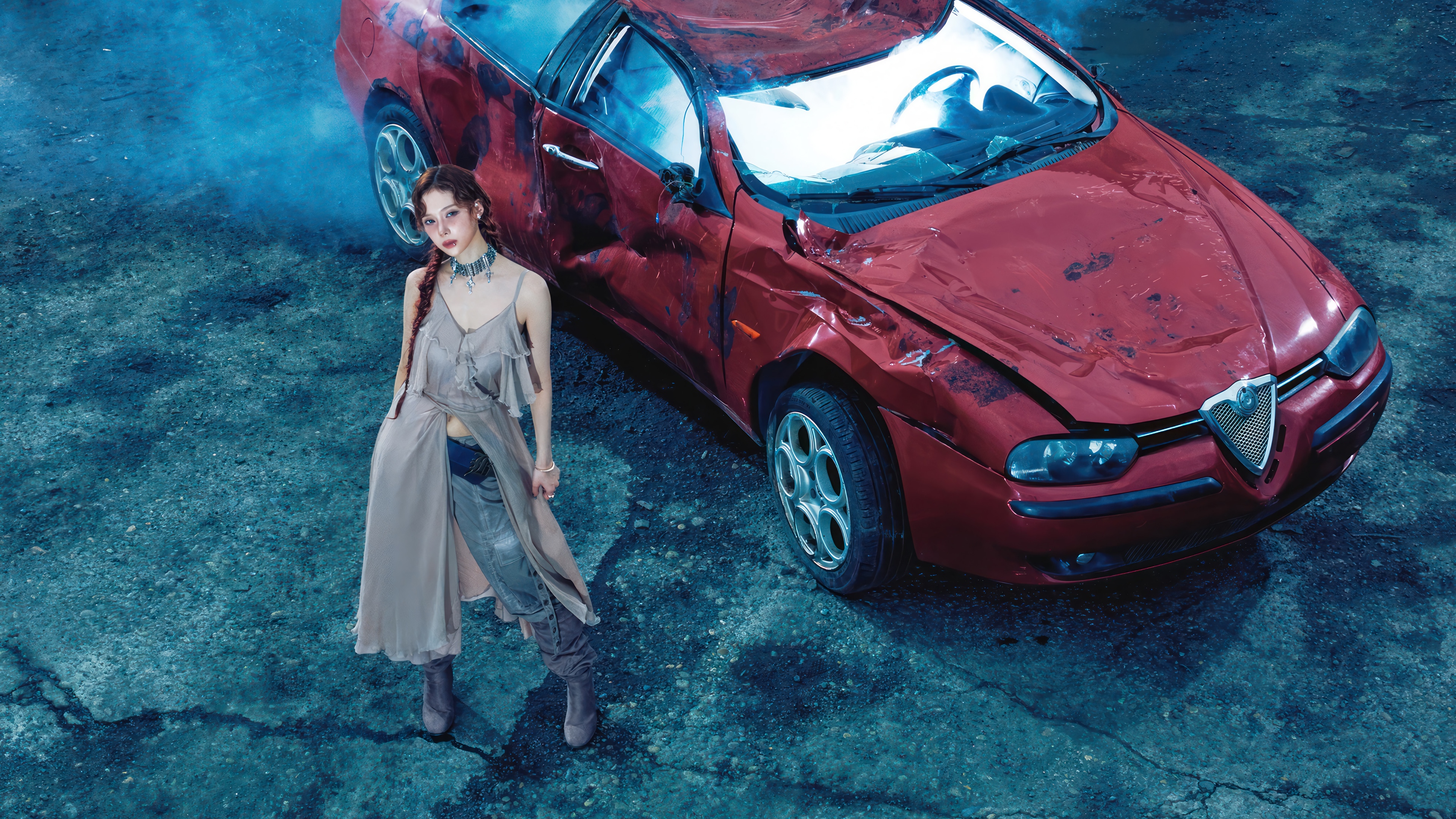 Winter from Aespa next to a damaged red car HD Wallpaper