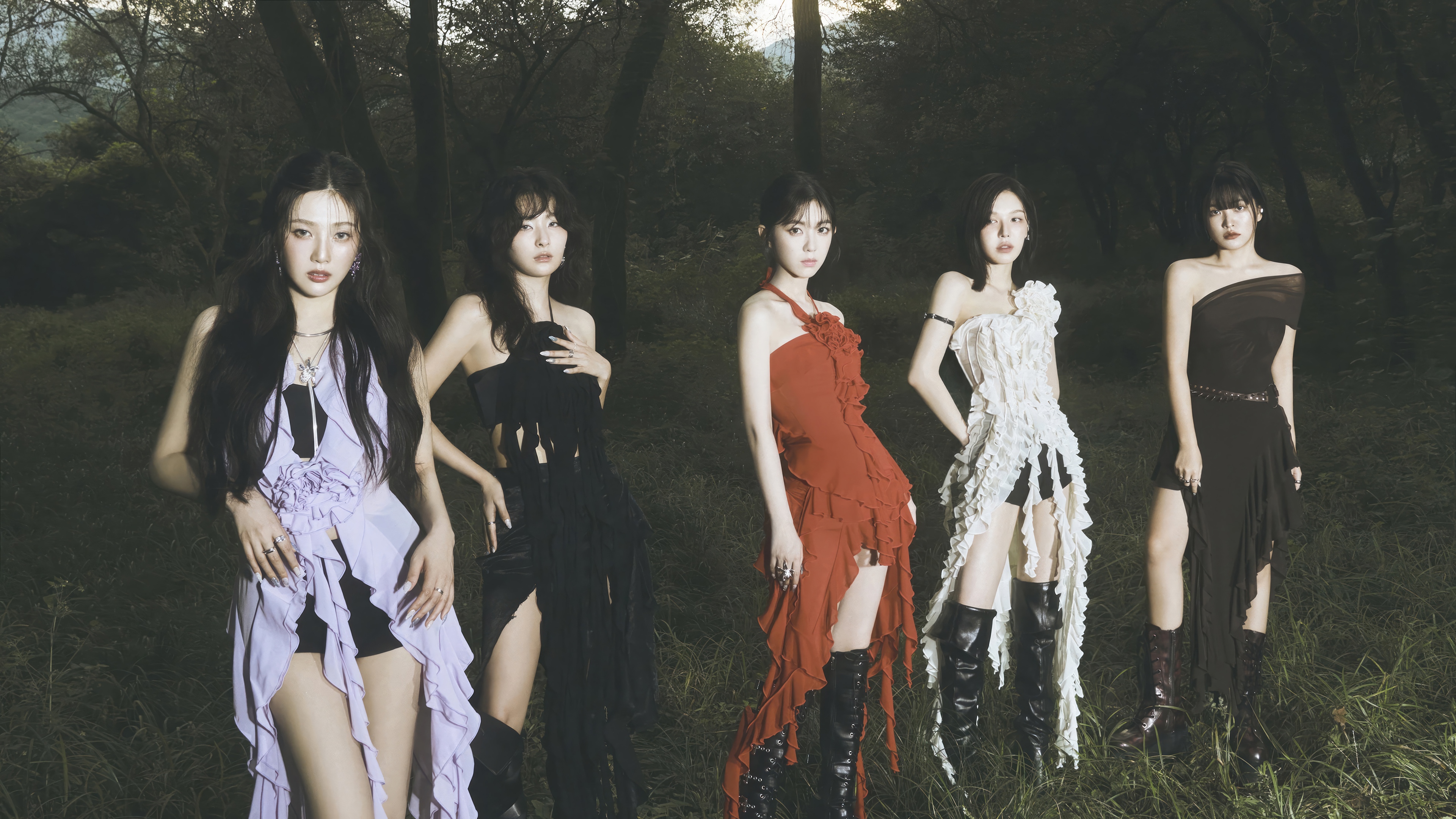 Red Velvet members in a dark forest setting HD Wallpaper