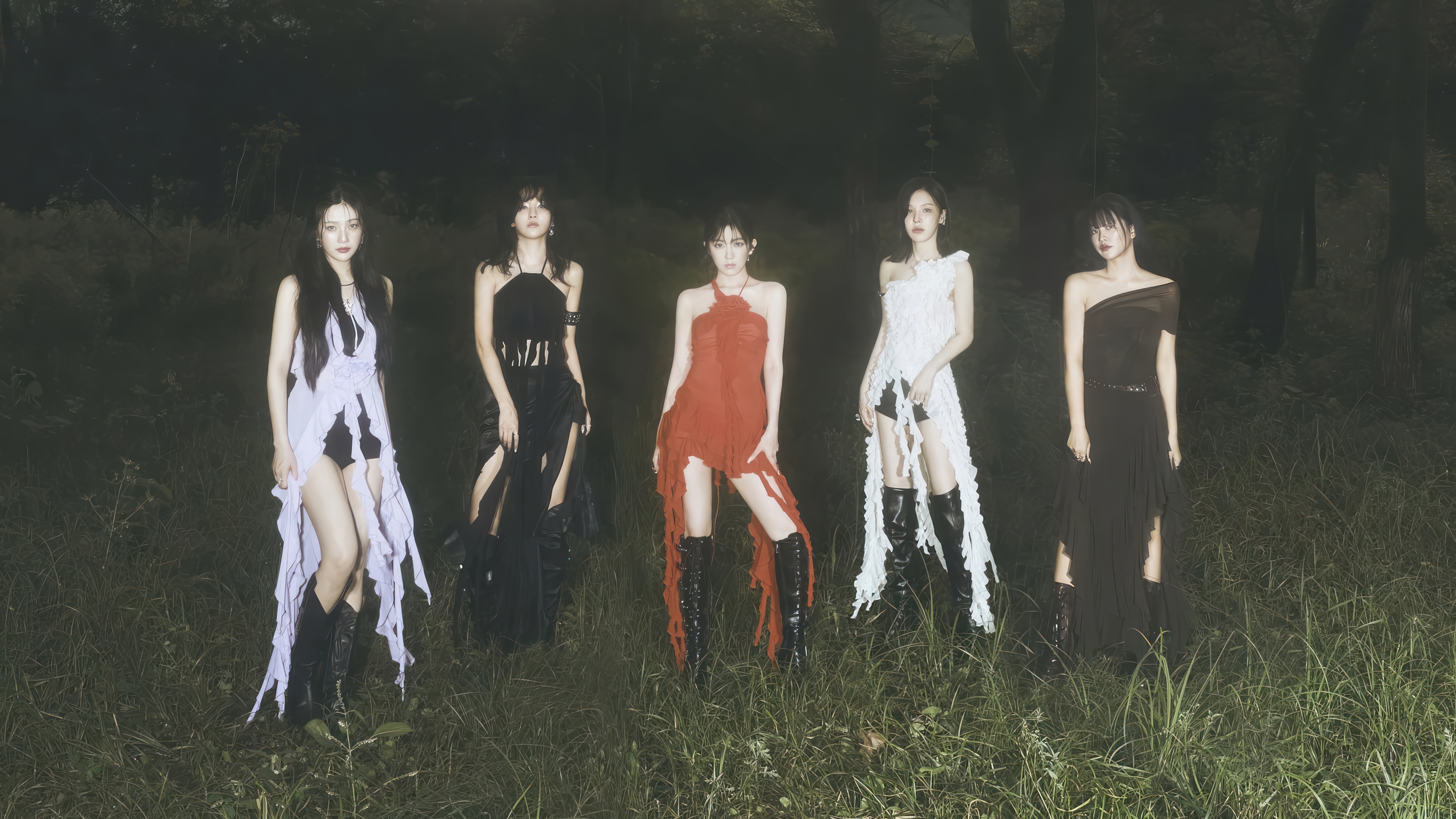 Red Velvet members in a dark forest setting HD Wallpaper