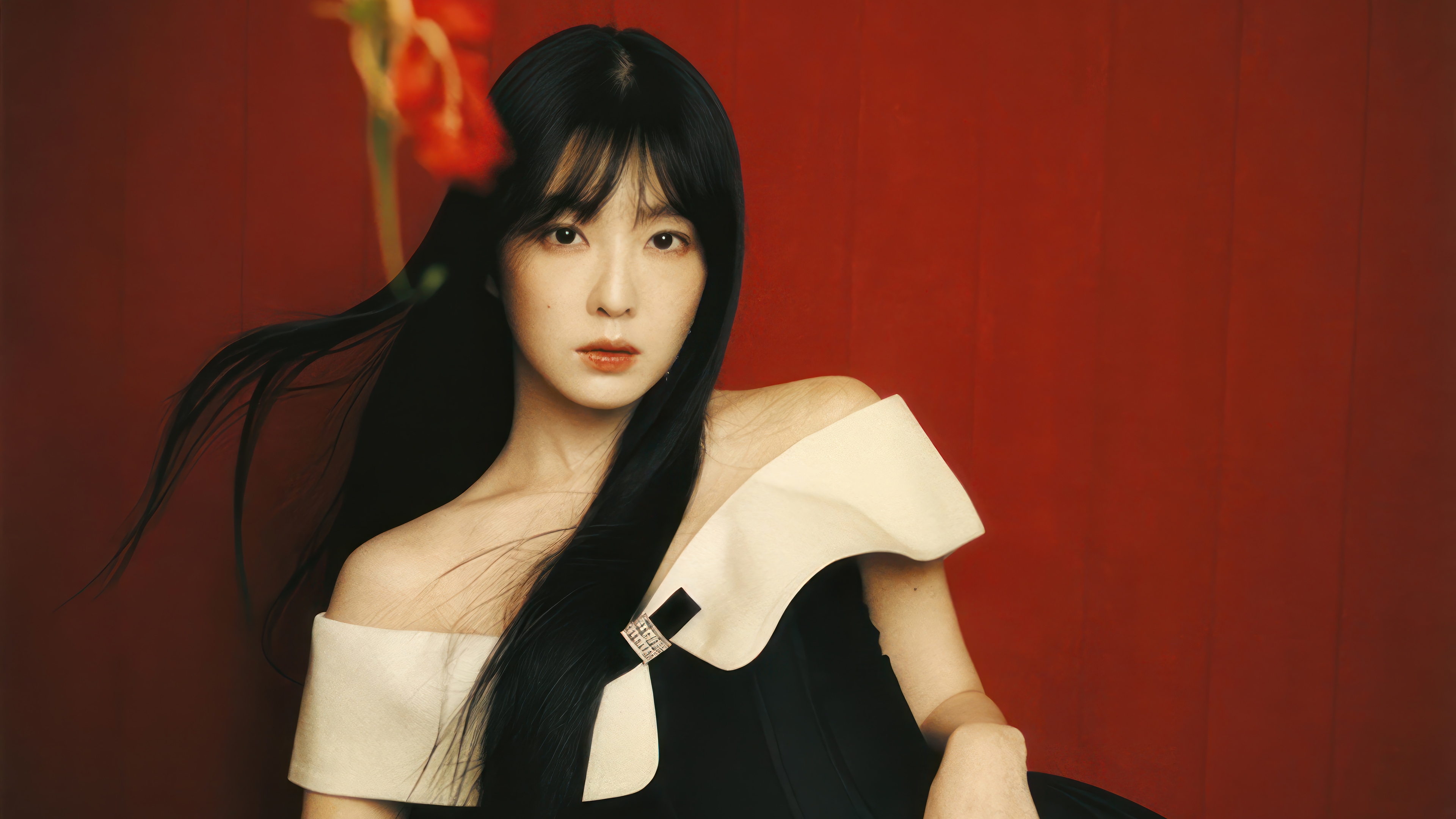 Irene from Red Velvet in a black and white dress HD Wallpaper