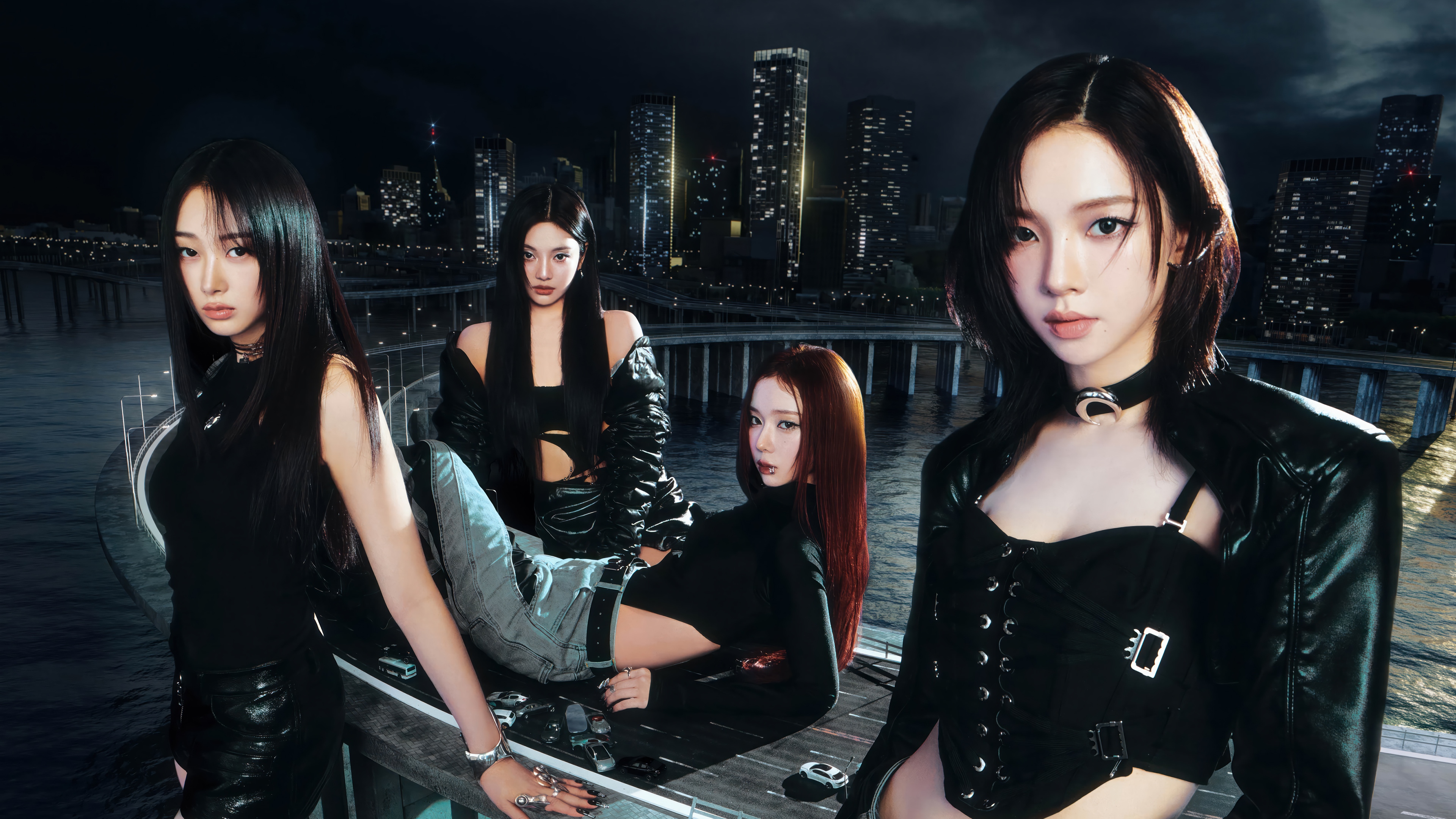 Aespa members Karina, Giselle, Winter, and Ningning in black outfits HD Wallpaper