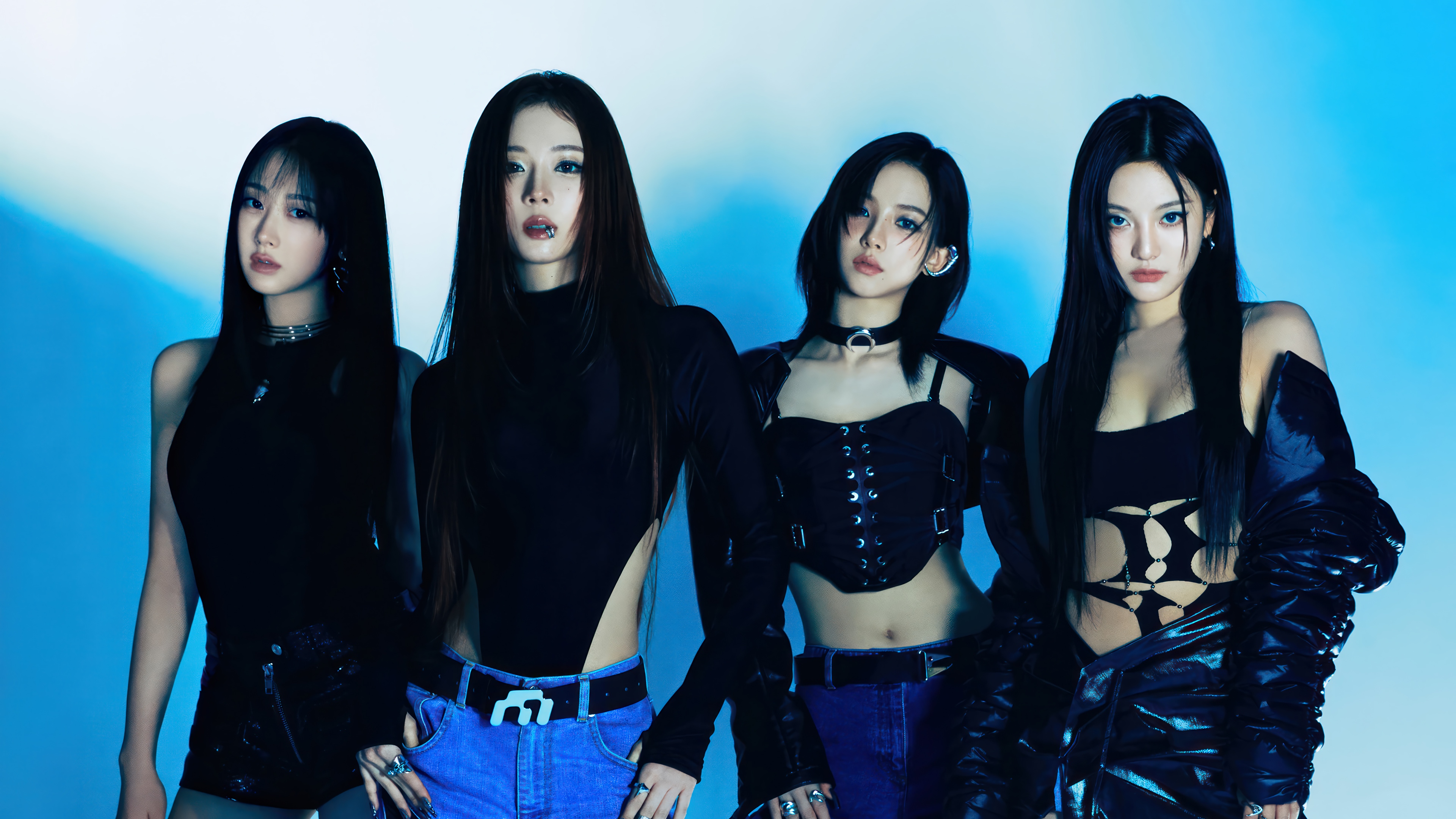 Aespa members Giselle, Winter, Karina, and Ningning in black outfits HD Wallpaper