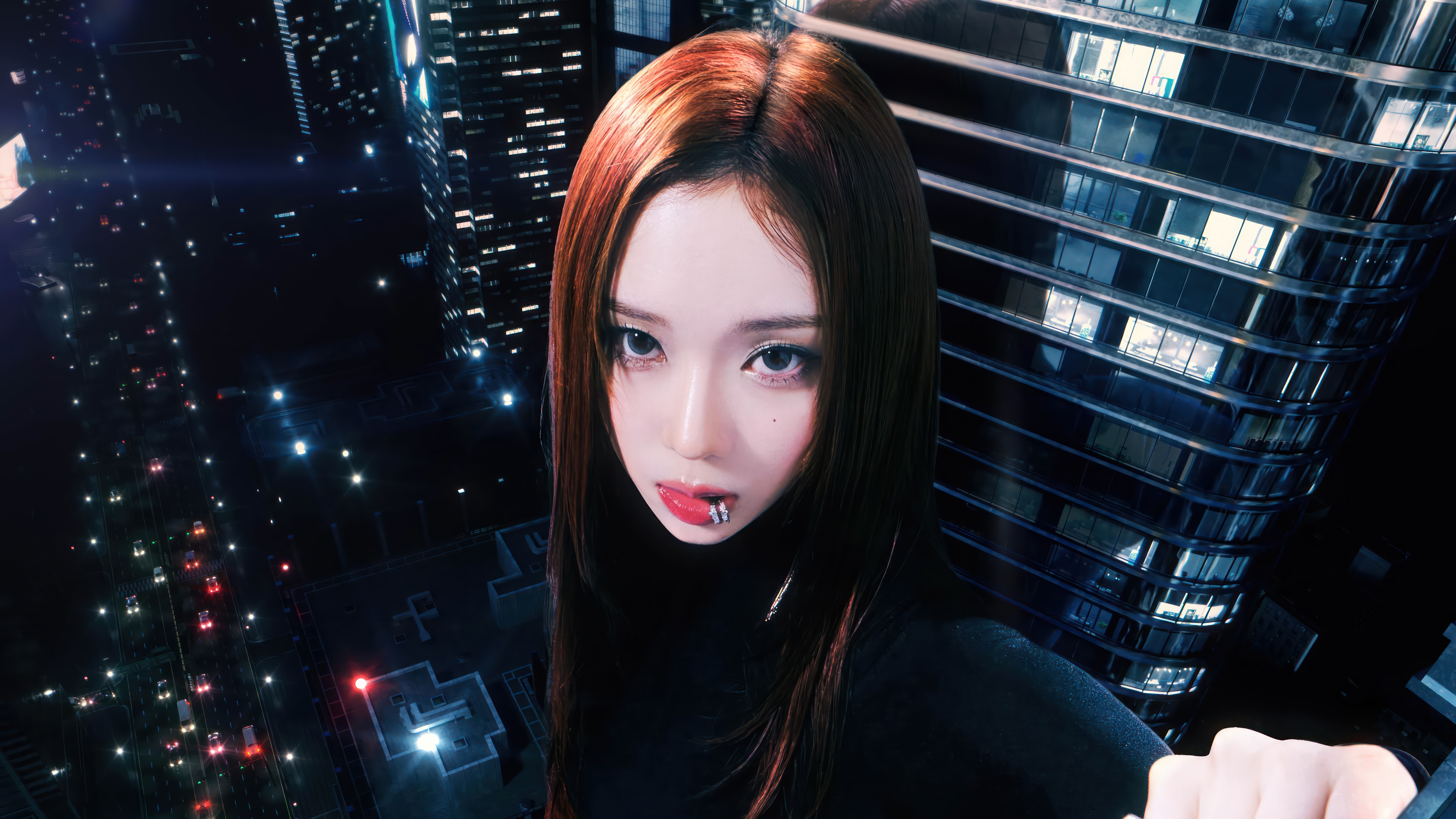 Winter from Aespa in a city at night HD Wallpaper
