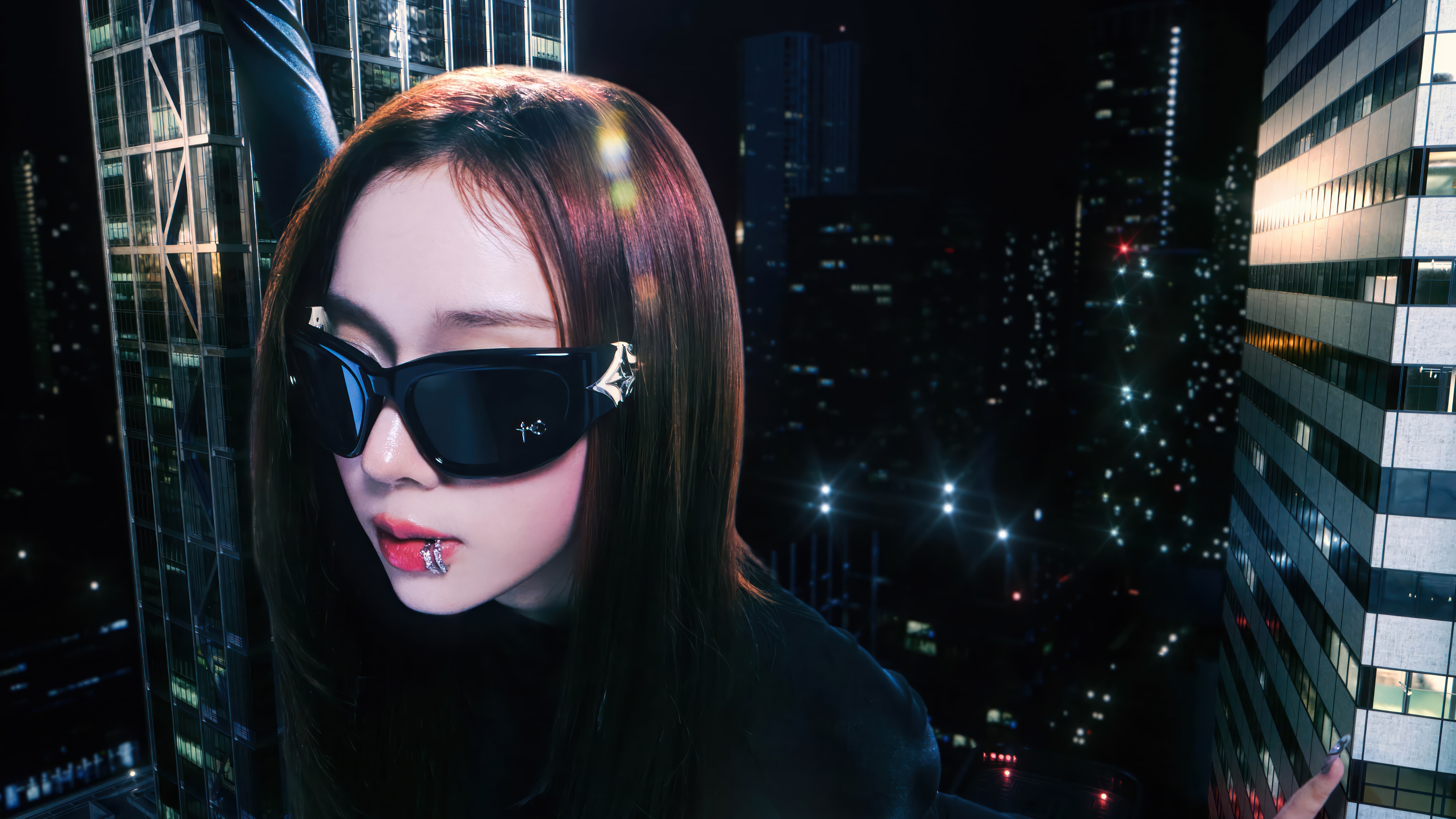 Winter from Aespa wearing sunglasses in a city at night HD Wallpaper