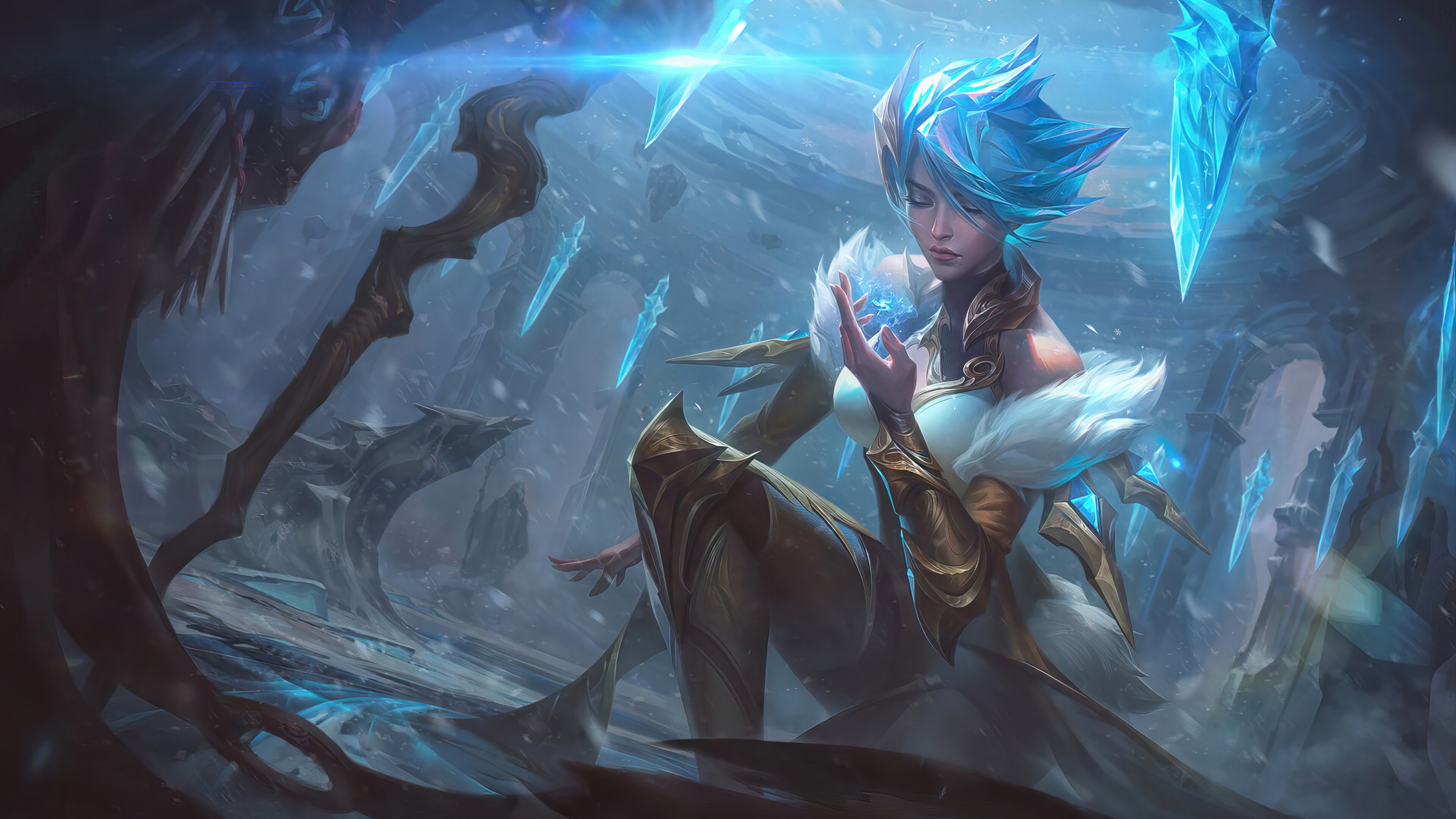 Irelia from League of Legends in a snowy environment HD Wallpaper