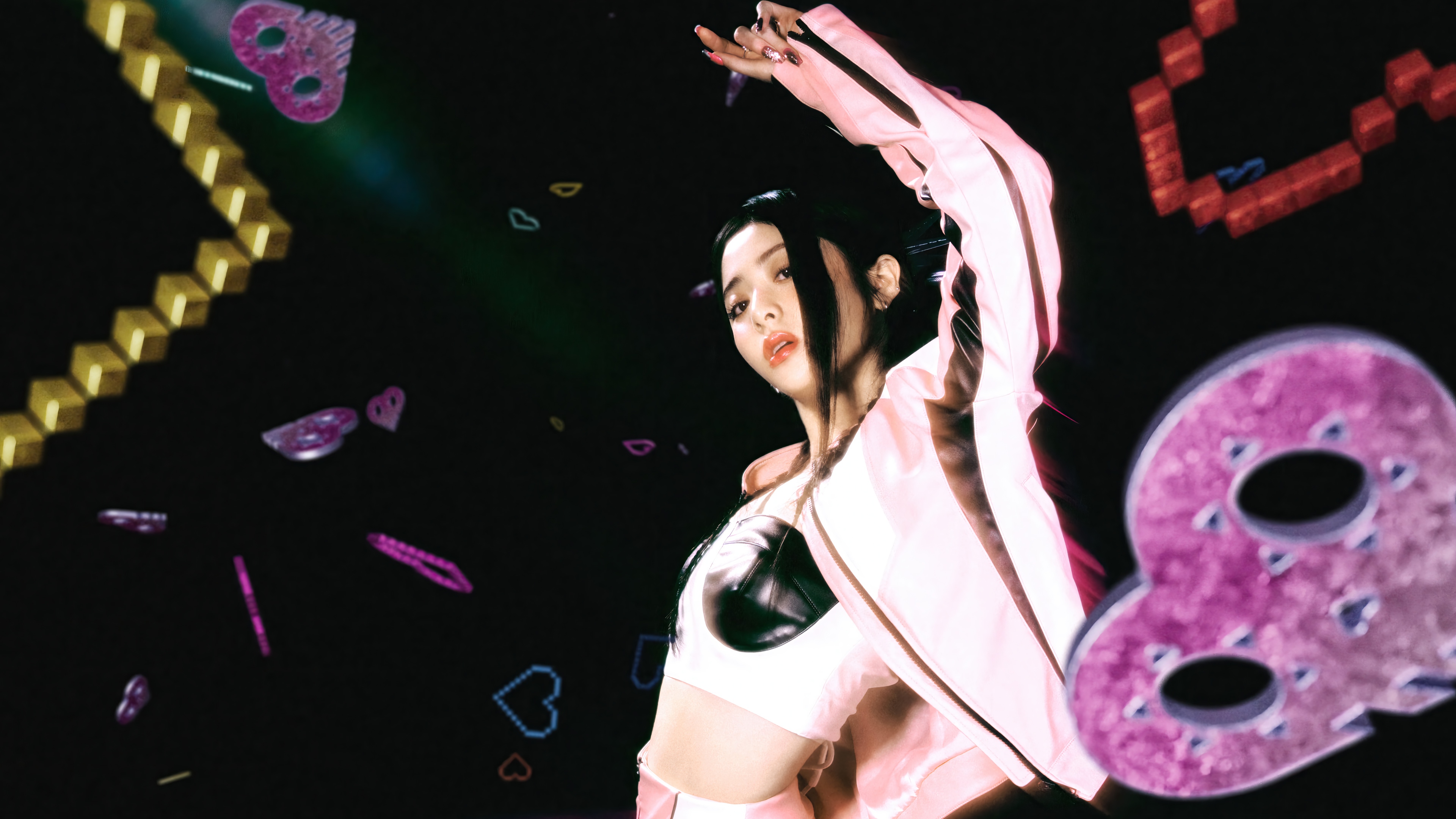 Huh Yun-jin in pink jacket with digital hearts HD Wallpaper