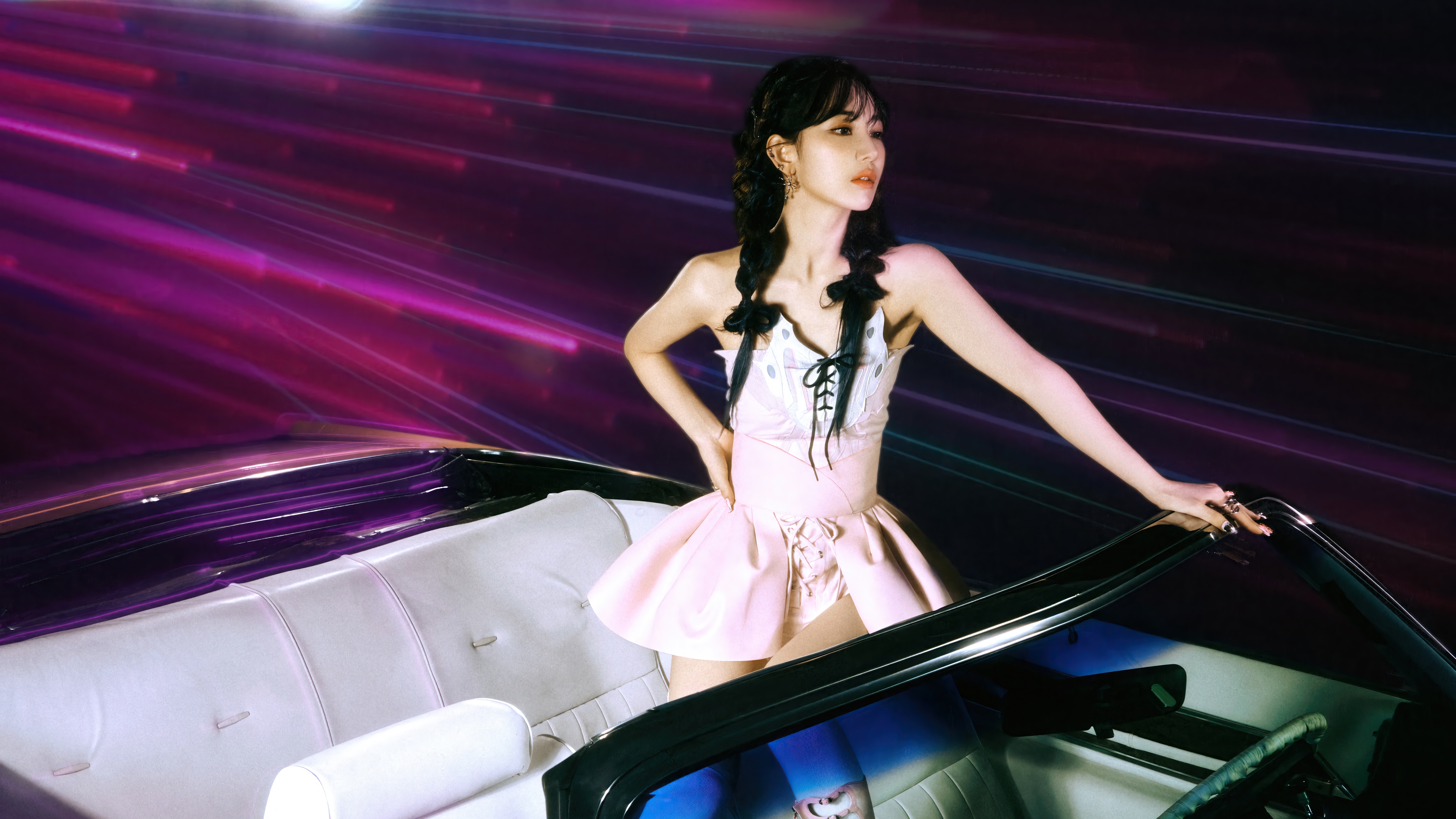 Miyawaki Sakura in a convertible with purple streaks HD Wallpaper