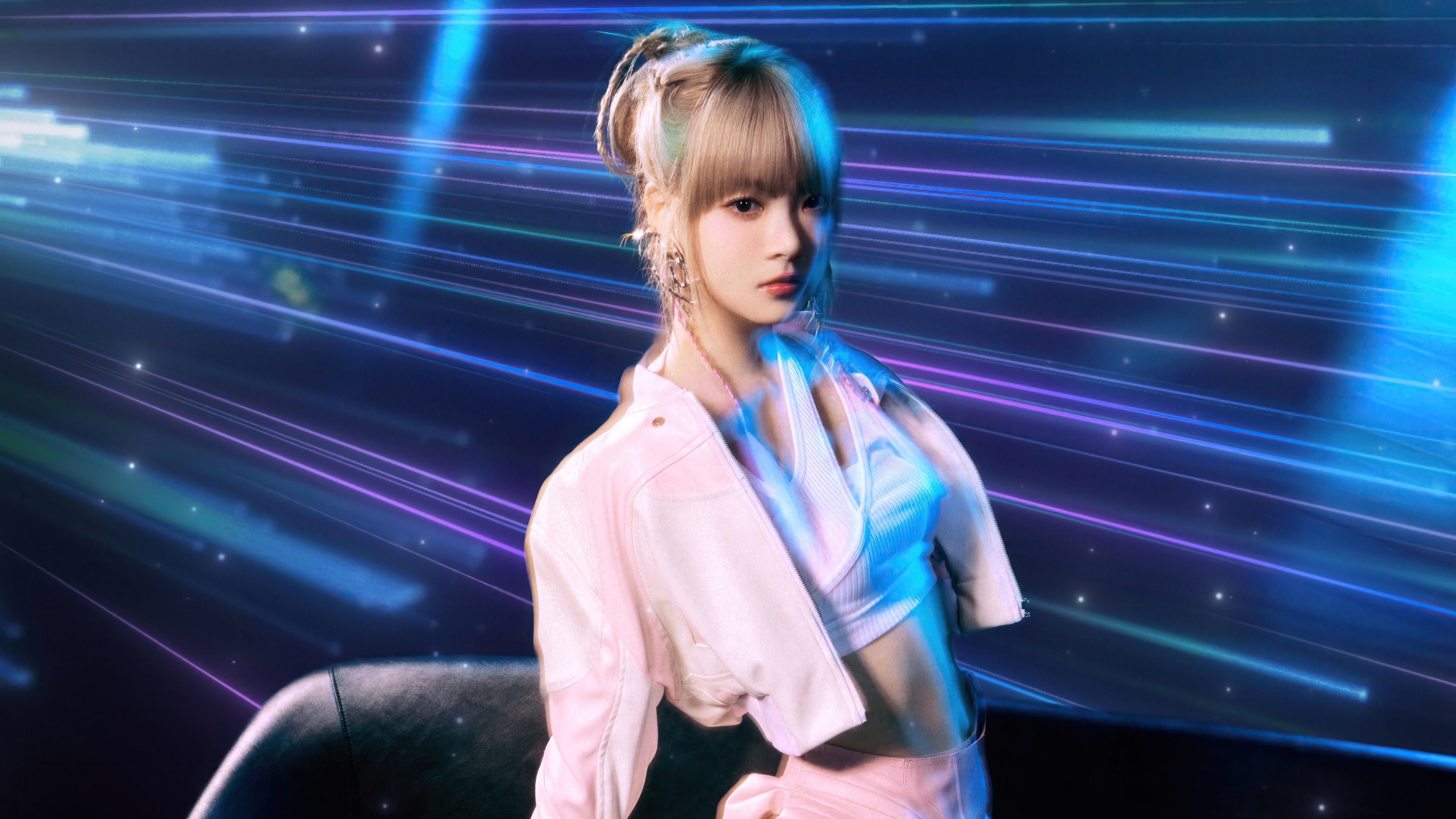 Hong Eun-chae in Pink Jacket with Light Streaks Background 4K HD Wallpaper