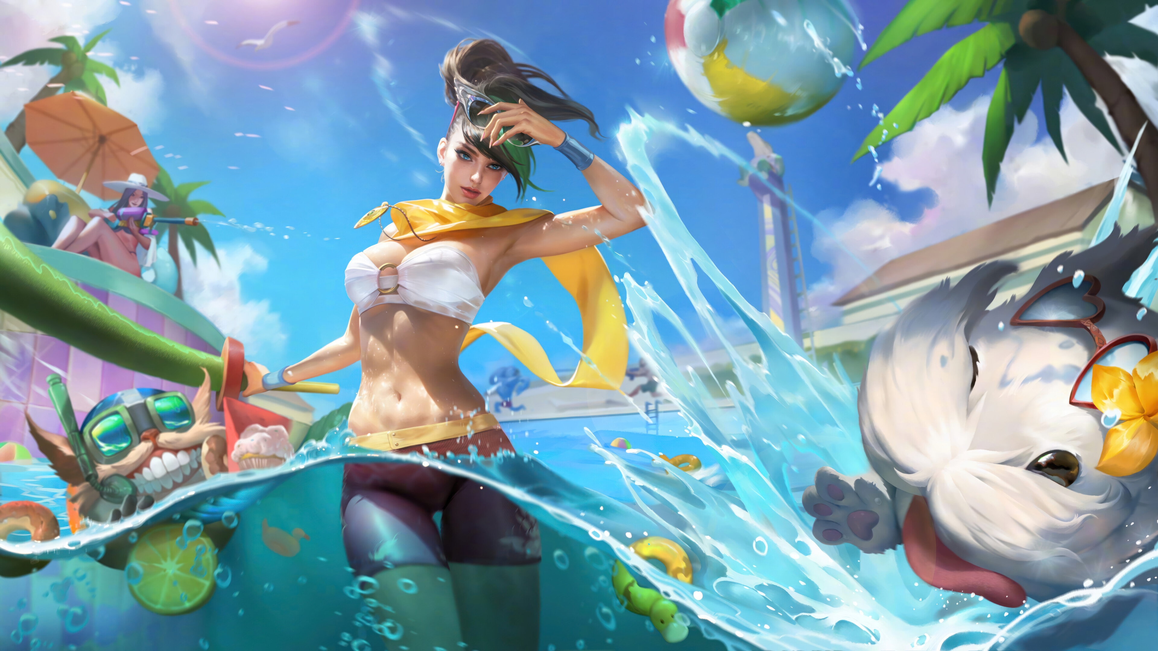 Fiora and friends enjoying a summer pool party in League of Legends 4K HD Wallpaper