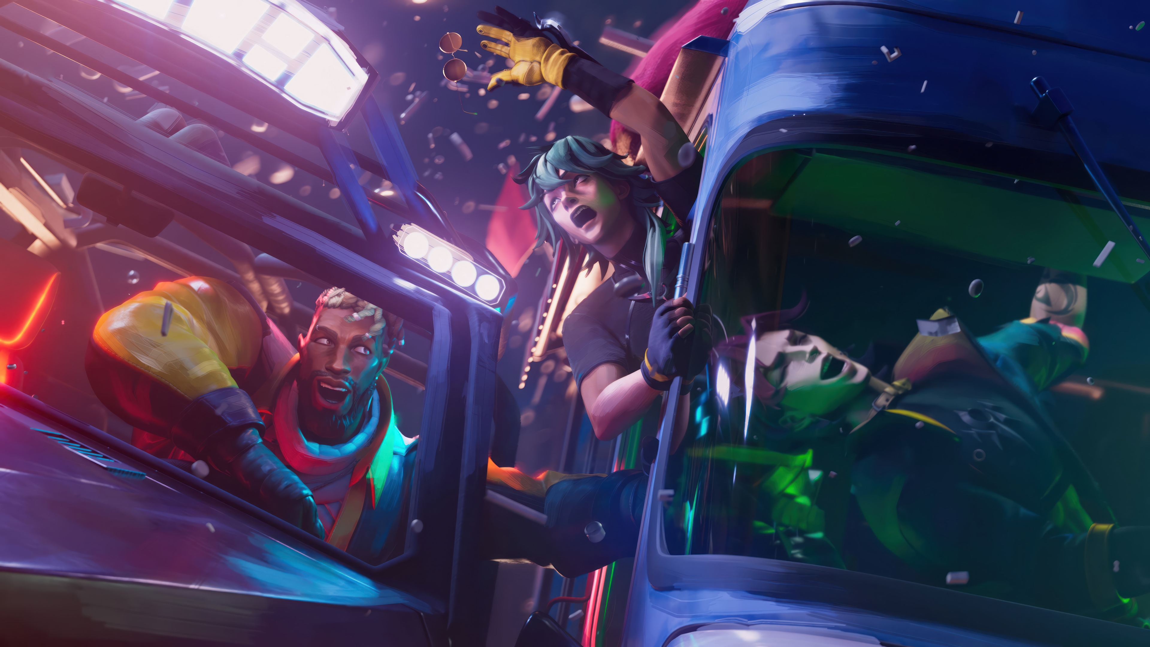 Heartsteel Ezreal and Kayn in a vehicle HD Wallpaper