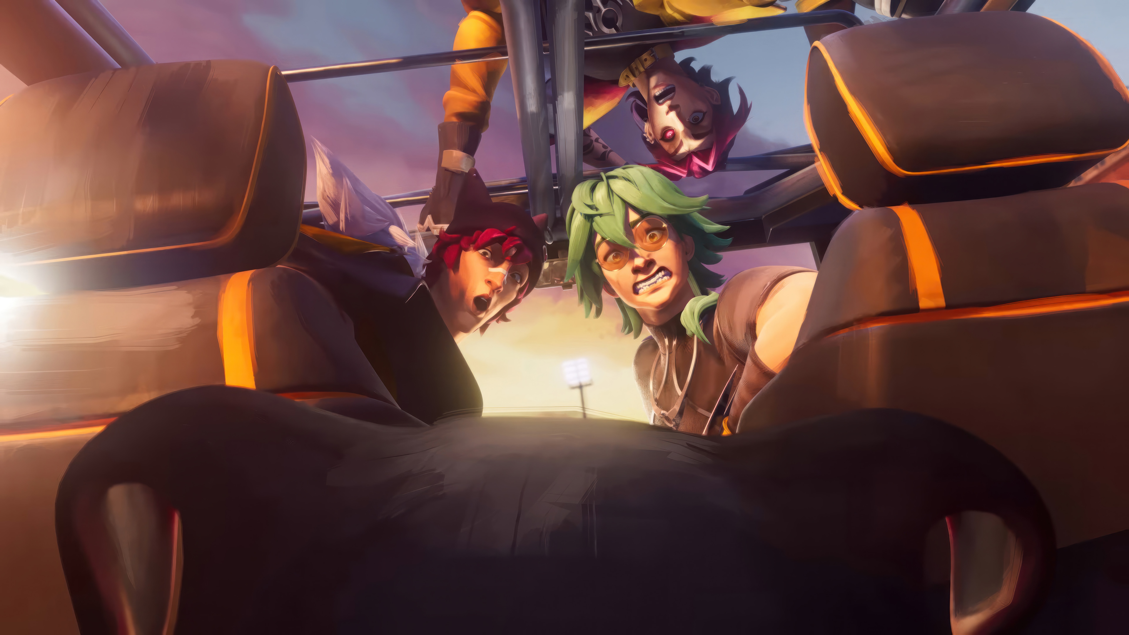 Heartsteel Ezreal, Sett, Kayn, and Aphelios in a vehicle HD Wallpaper