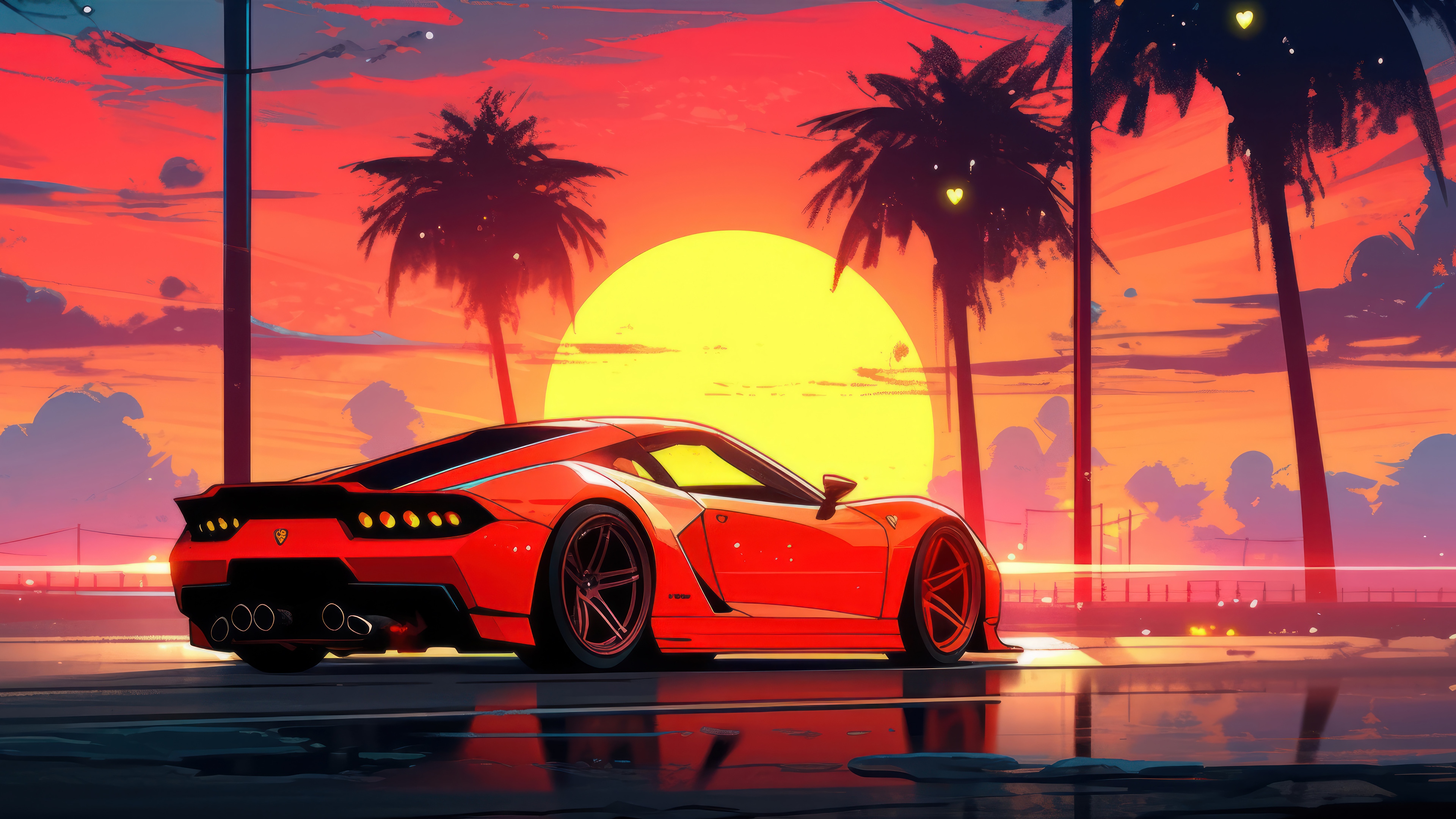 Red Sports Car at Sunset with Palm Trees 4K HD Wallpaper