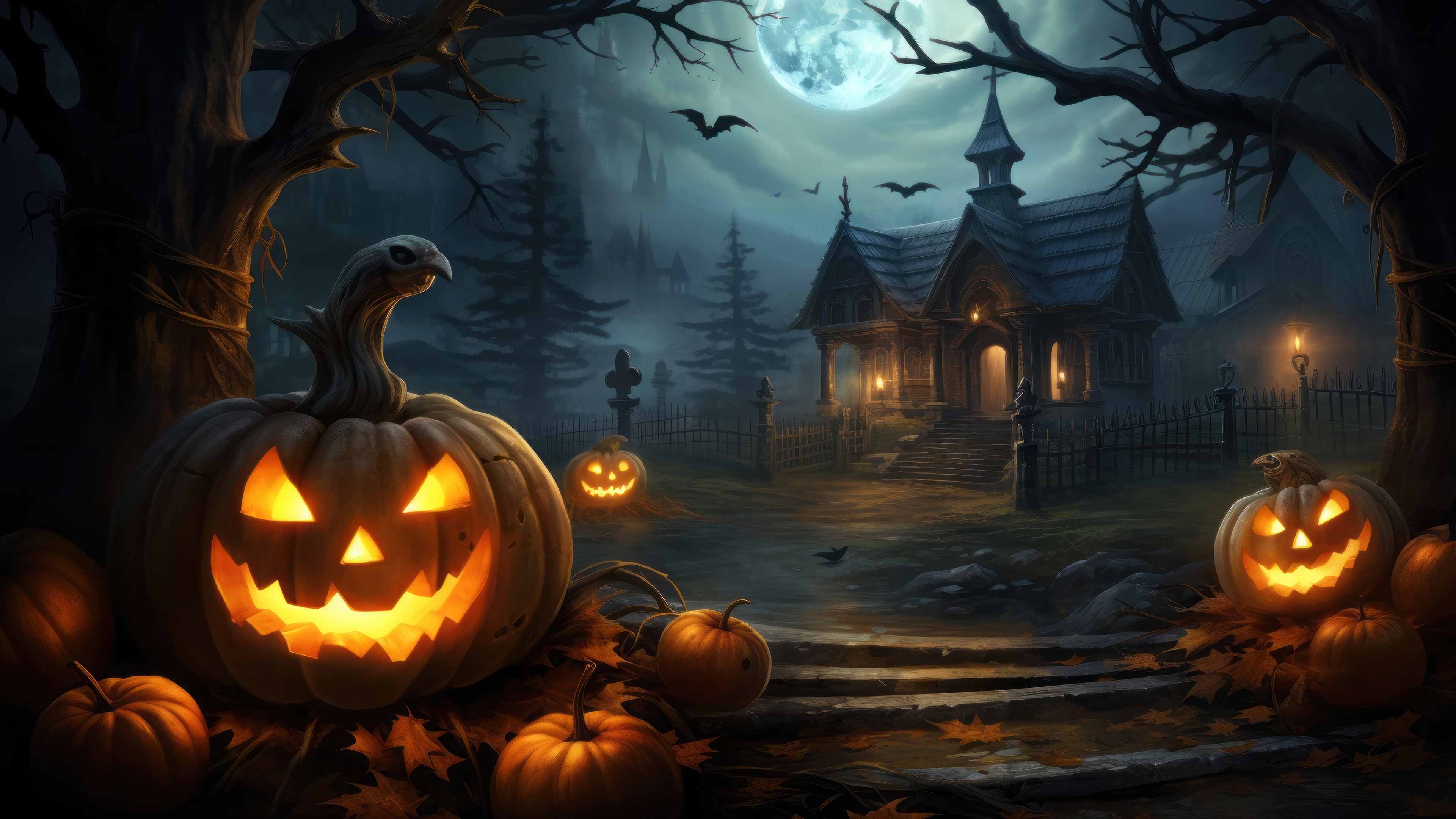 Halloween Night with Jack-o'-lanterns and Haunted House 4K HD Wallpaper
