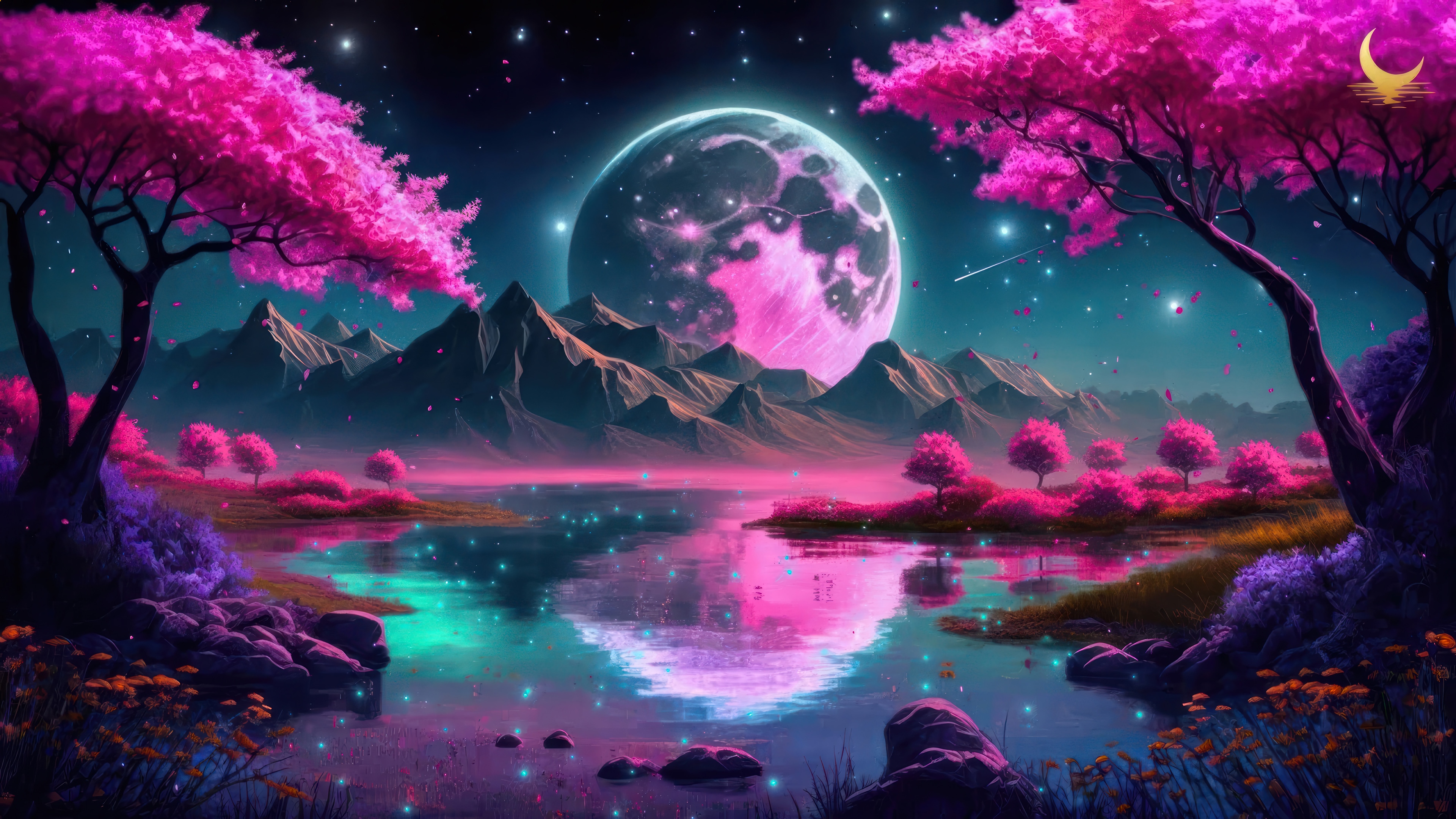 Night Scenery with Moon and Cherry Blossoms 4K HD Wallpaper