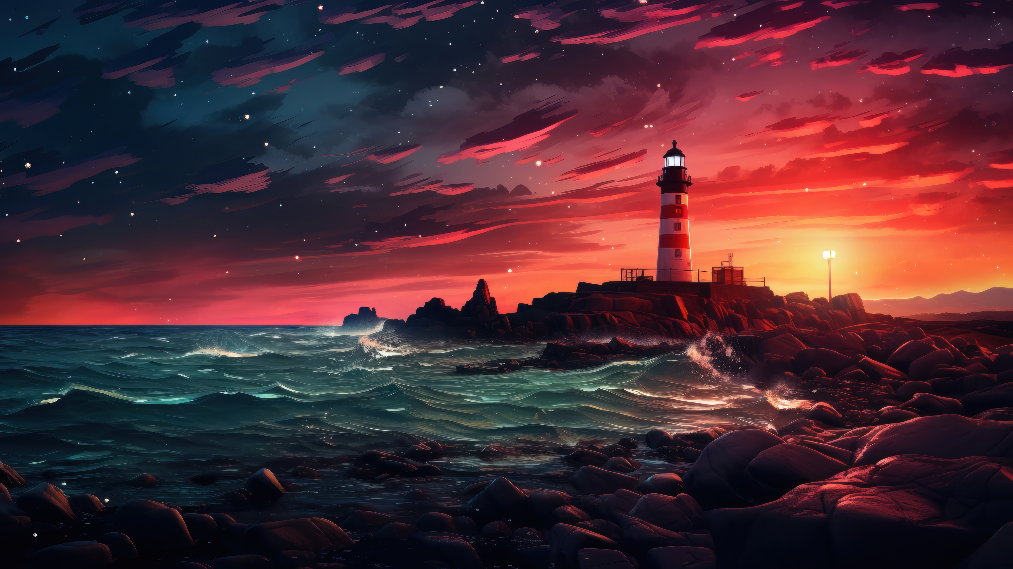 Lighthouse on rocky shore at sunset 4K HD Wallpaper