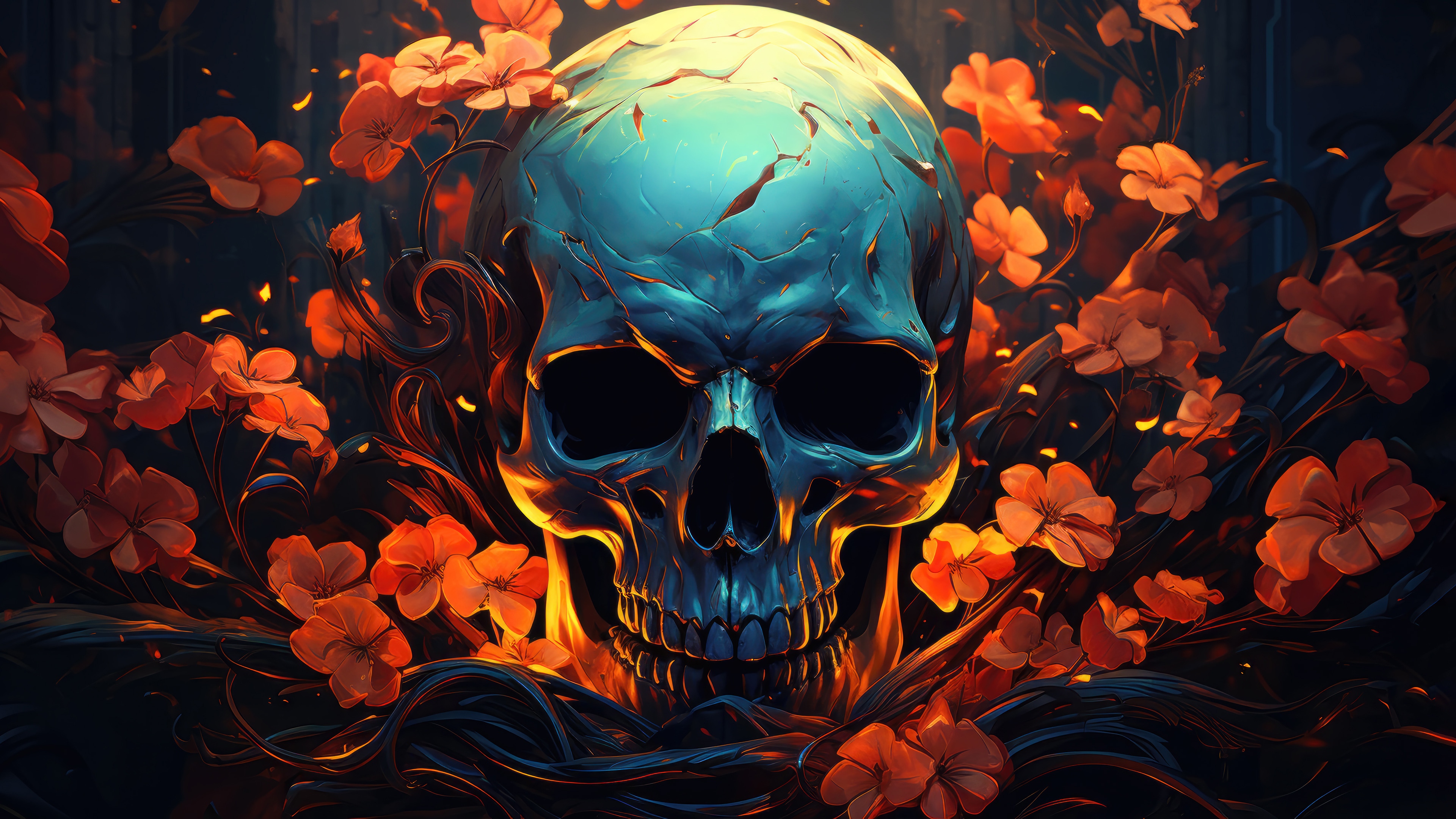 Digital Art 4K Skull with Orange Flowers HD Wallpaper