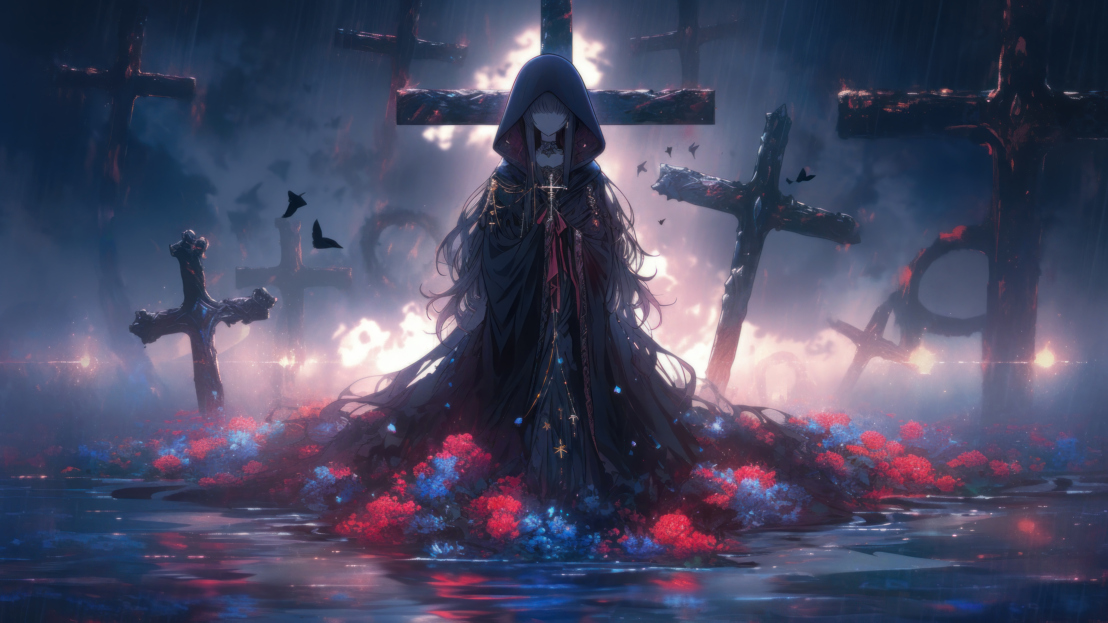 Grim Reaper Figure Among Crosses in Graveyard 4K HD Wallpaper