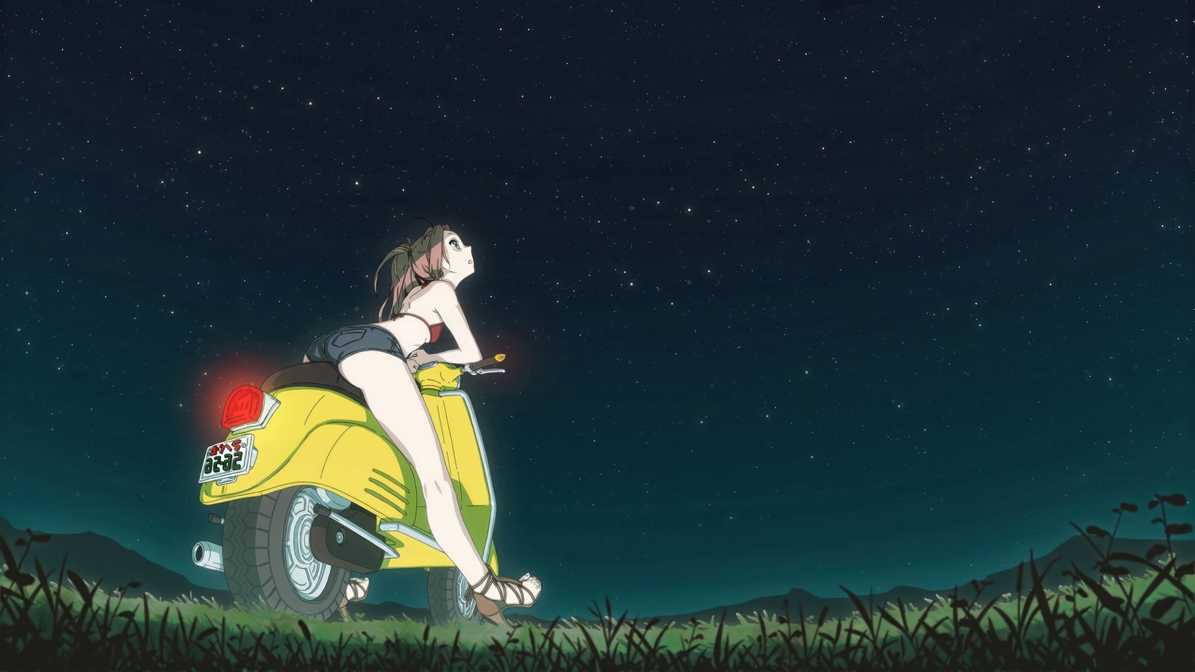 Girl on a yellow motorcycle looking at the night sky HD Wallpaper