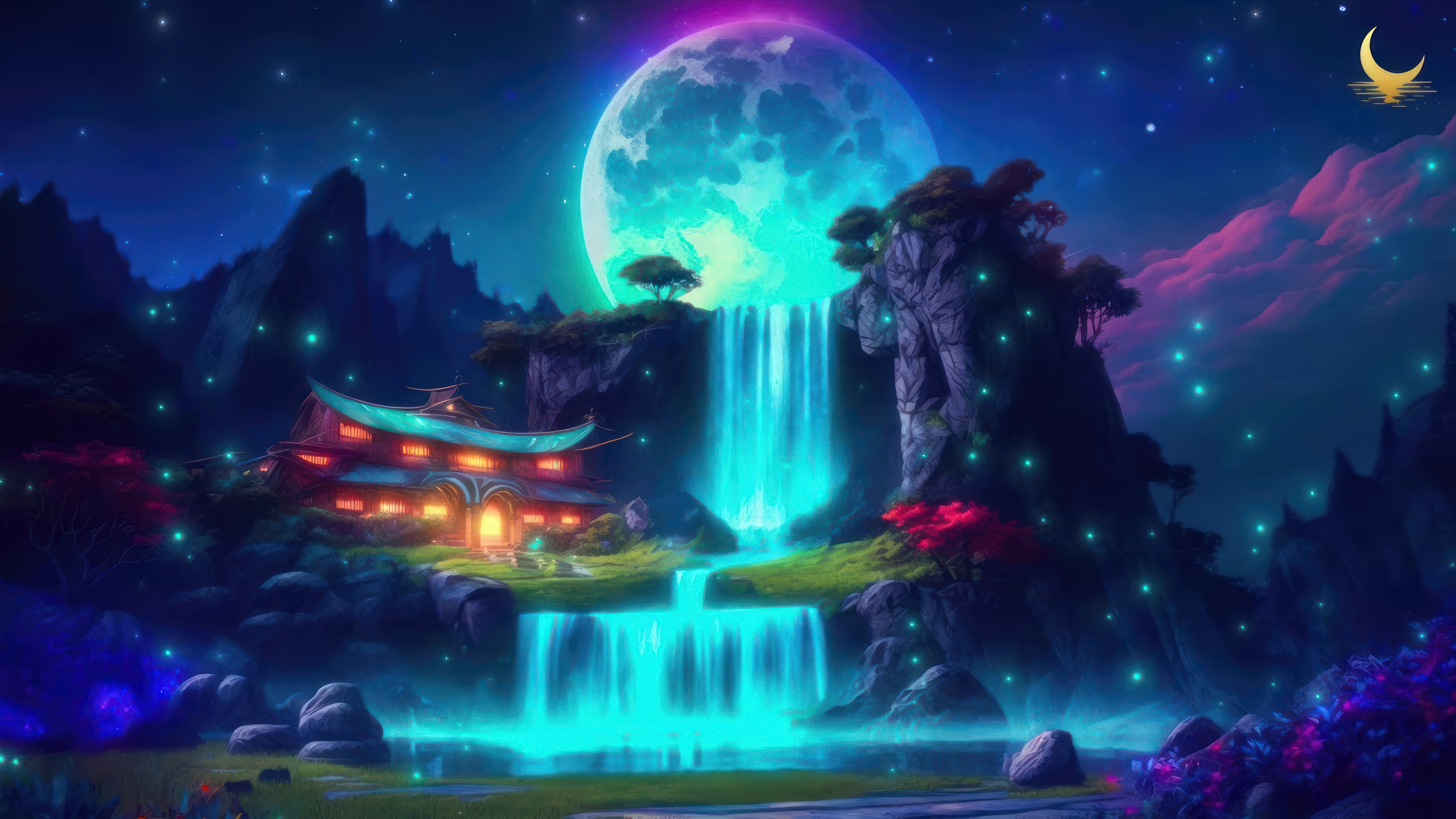 Fantasy Waterfall Scenery with a Large Moon at Night 4K HD Wallpaper