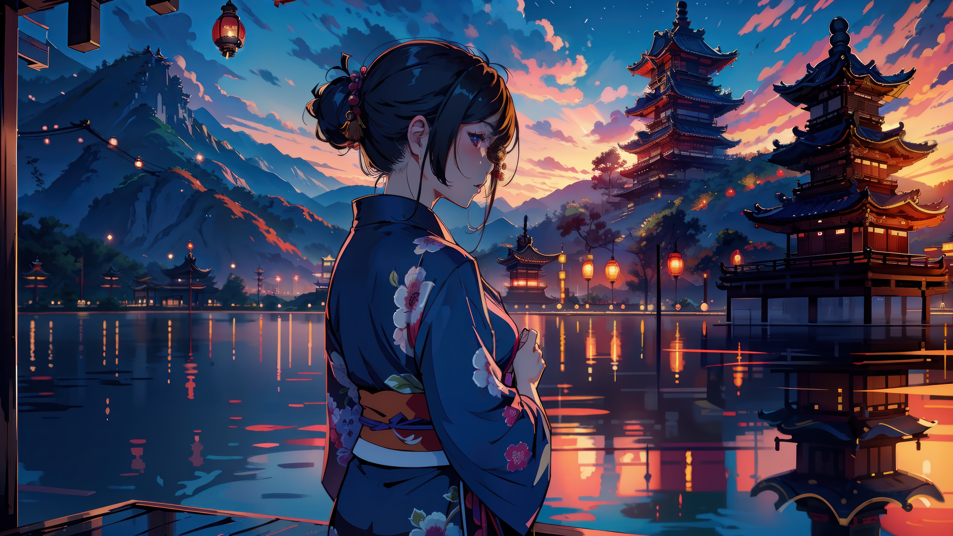 Girl in Kimono by Japanese Pagodas at Dusk 4K HD Wallpaper