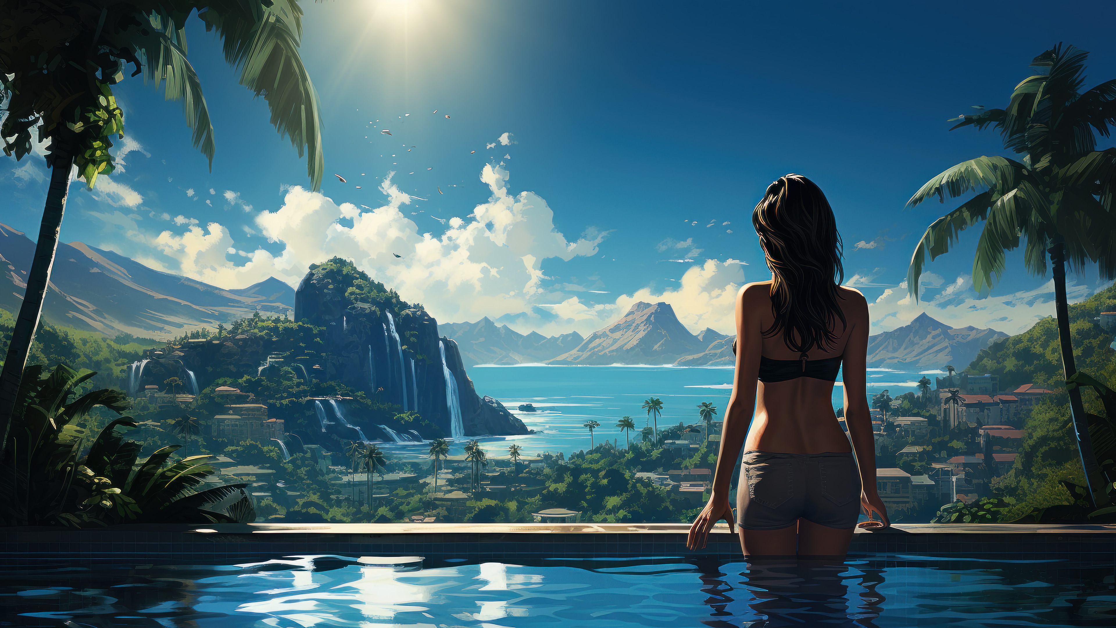 Island Scenery with Palm Trees and Waterfalls 4K HD Wallpaper