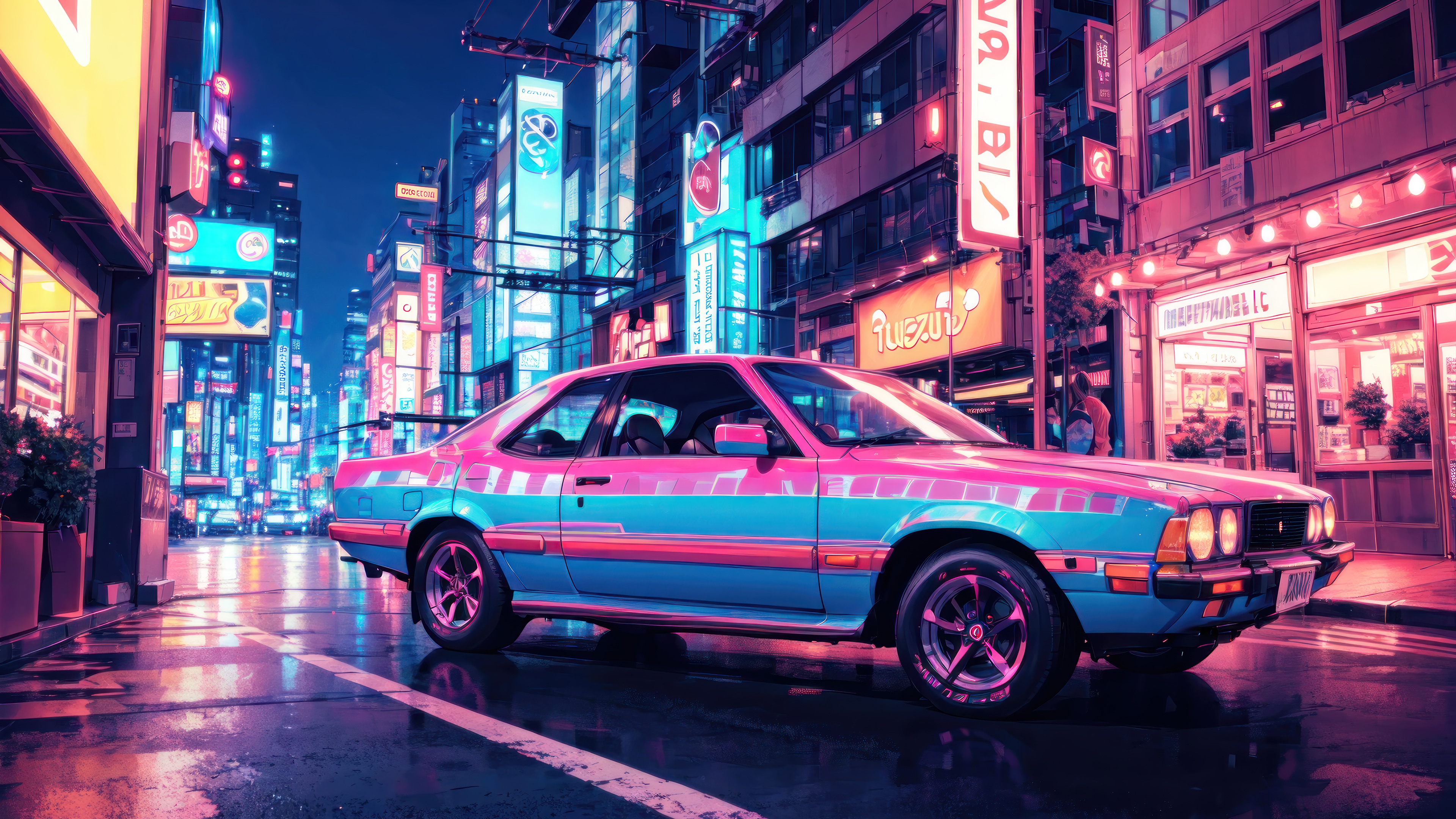 Retro car in a neon-lit city at night HD Wallpaper