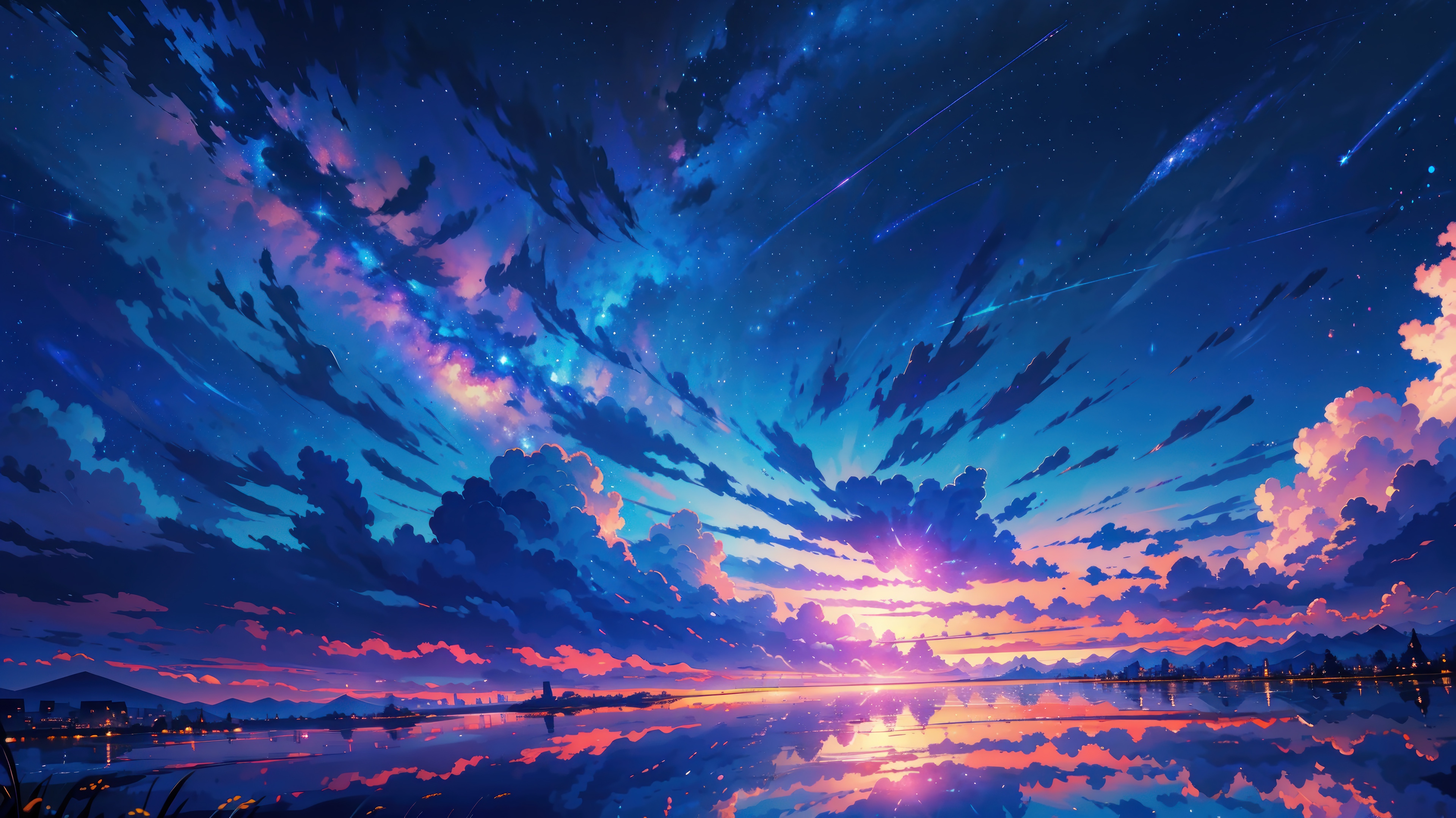 Anime Sunset Sky with Clouds and Reflections 4K HD Wallpaper