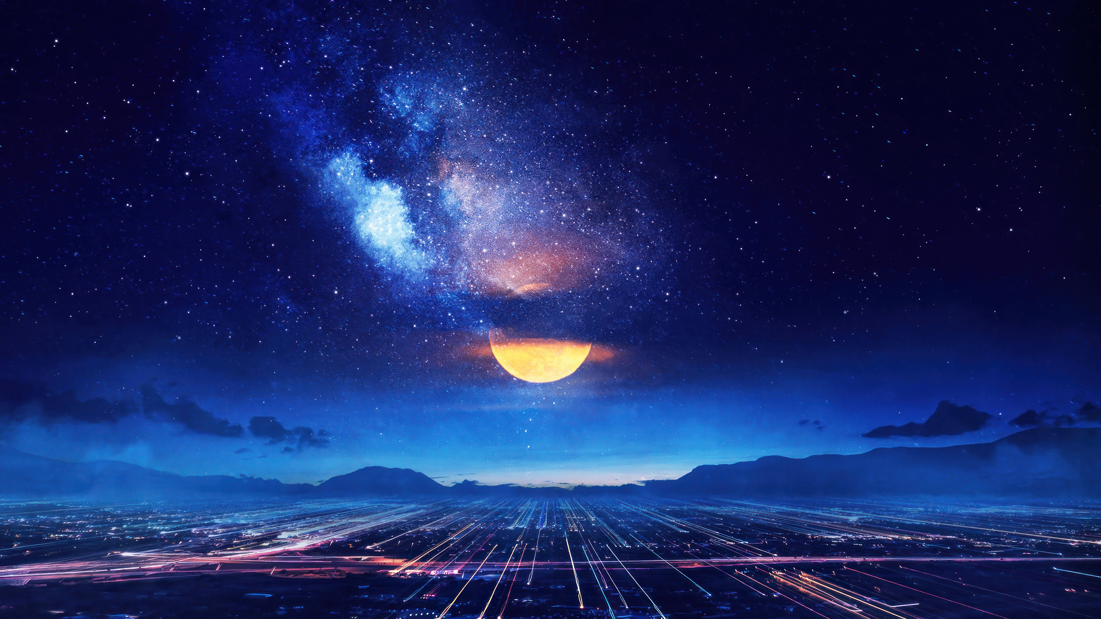 Night Sky Over Cityscape with Moon and Stars 4K HD Wallpaper