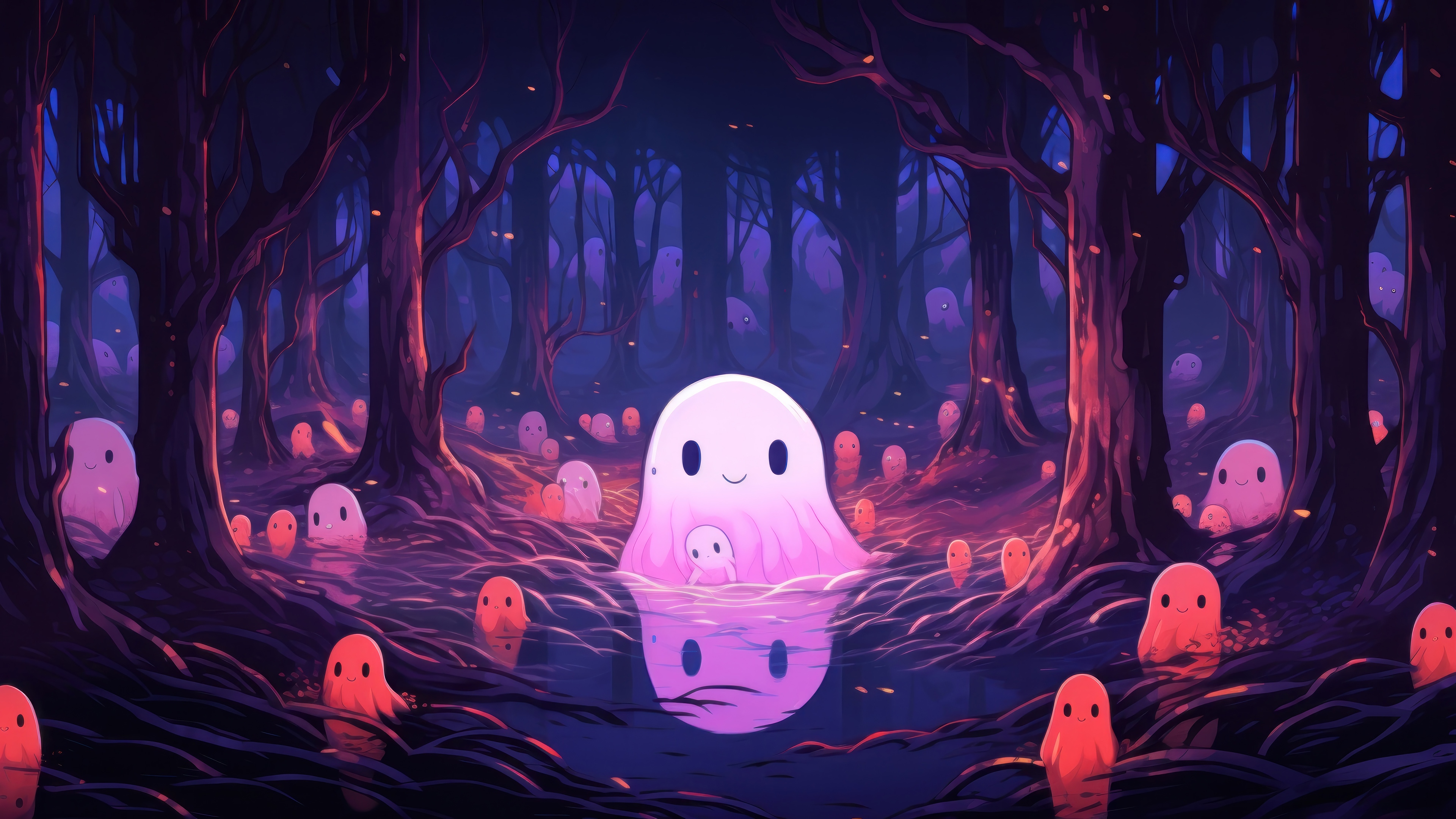 Ghosts in a dark forest during Halloween 4K HD Wallpaper