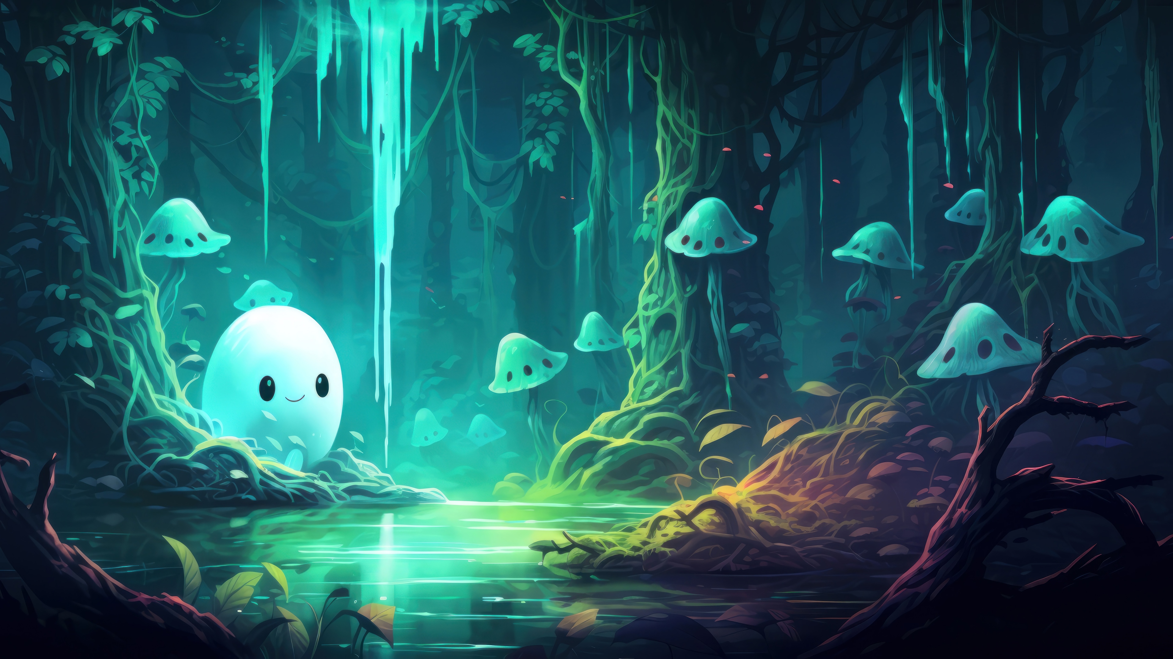 Ghost in a glowing forest with mushrooms HD Wallpaper