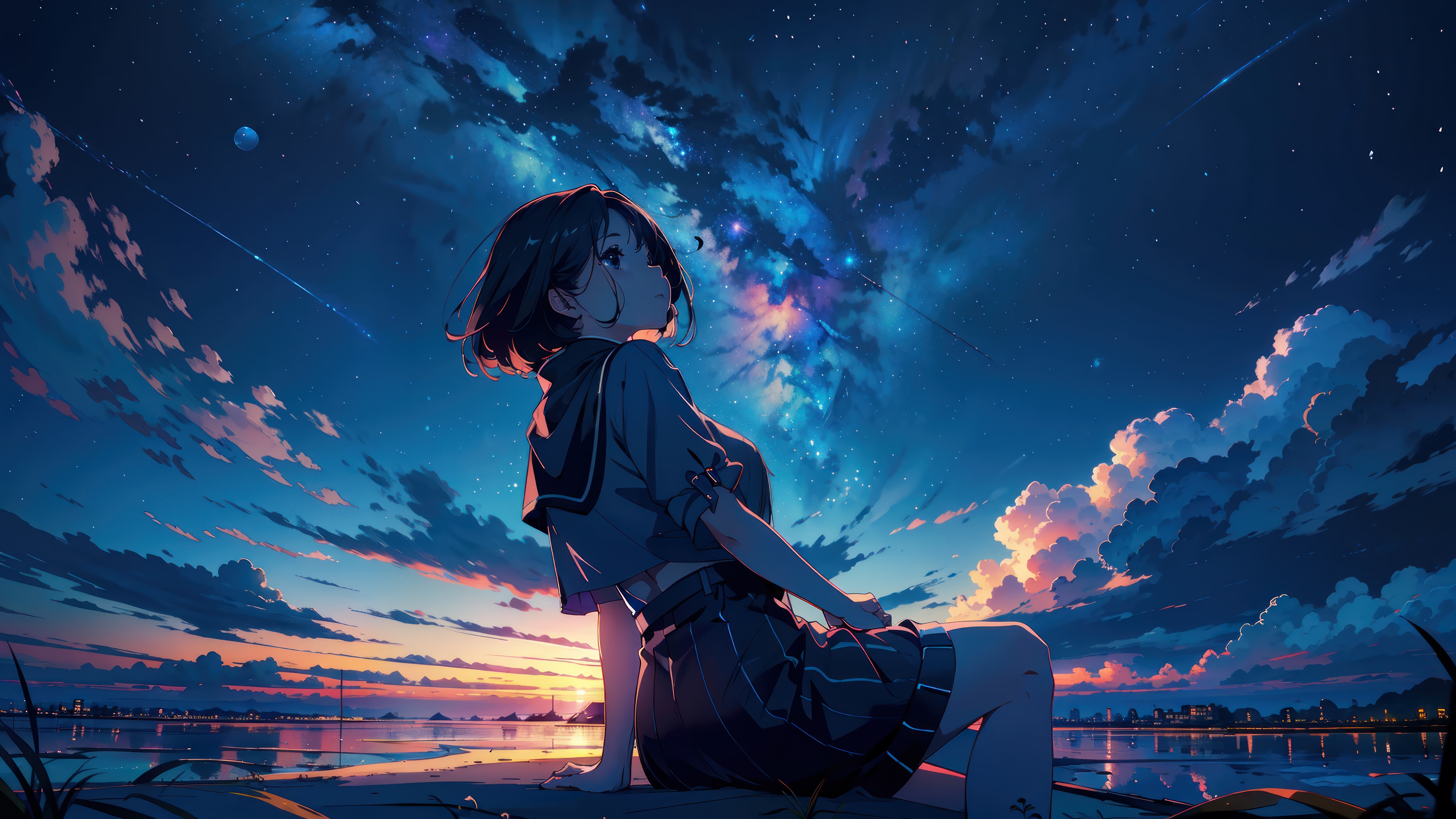 Girl in School Uniform Watching a Sunset Sky HD Wallpaper