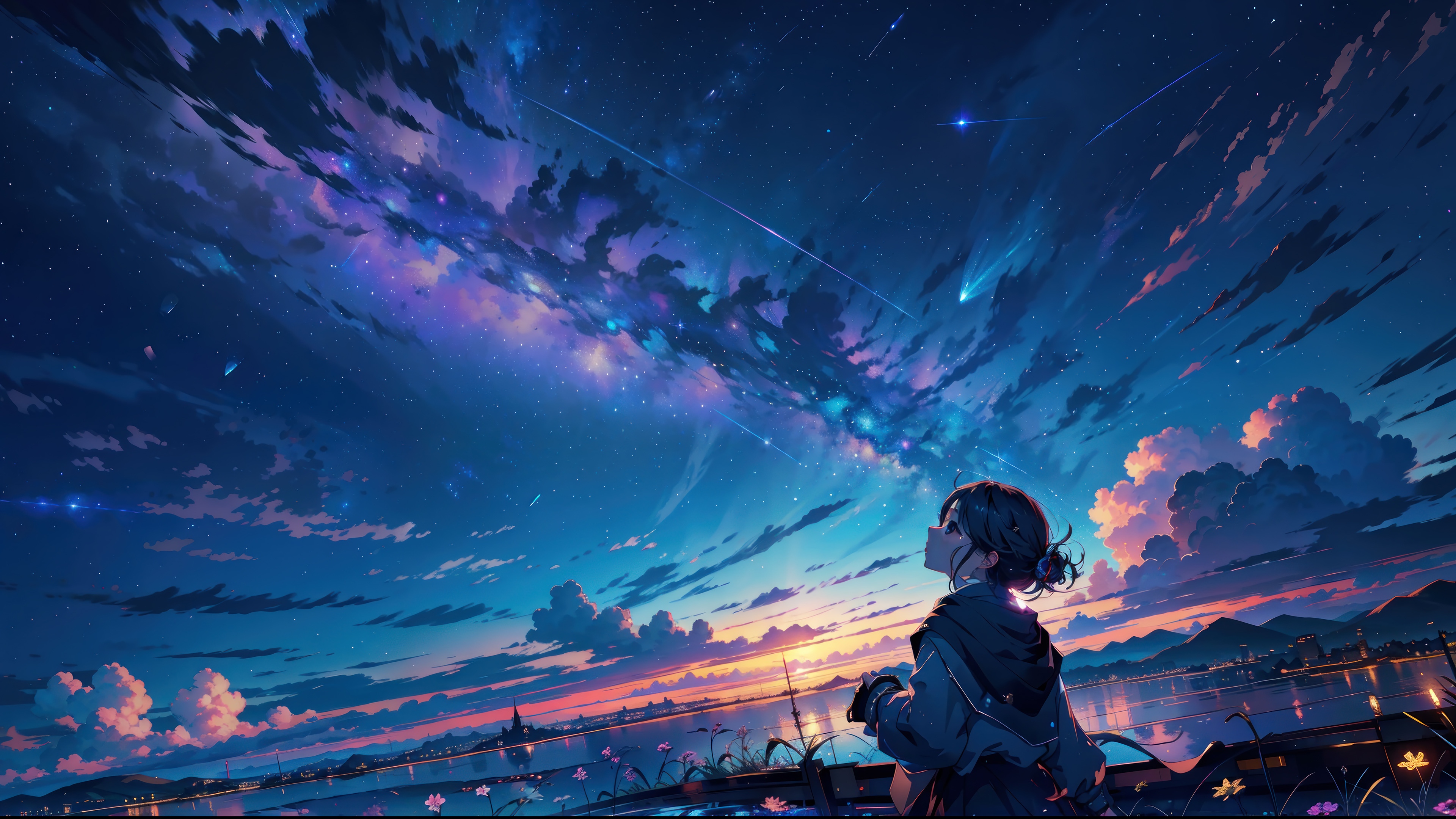 Girl watching a meteor shower at sunset 4K HD Wallpaper