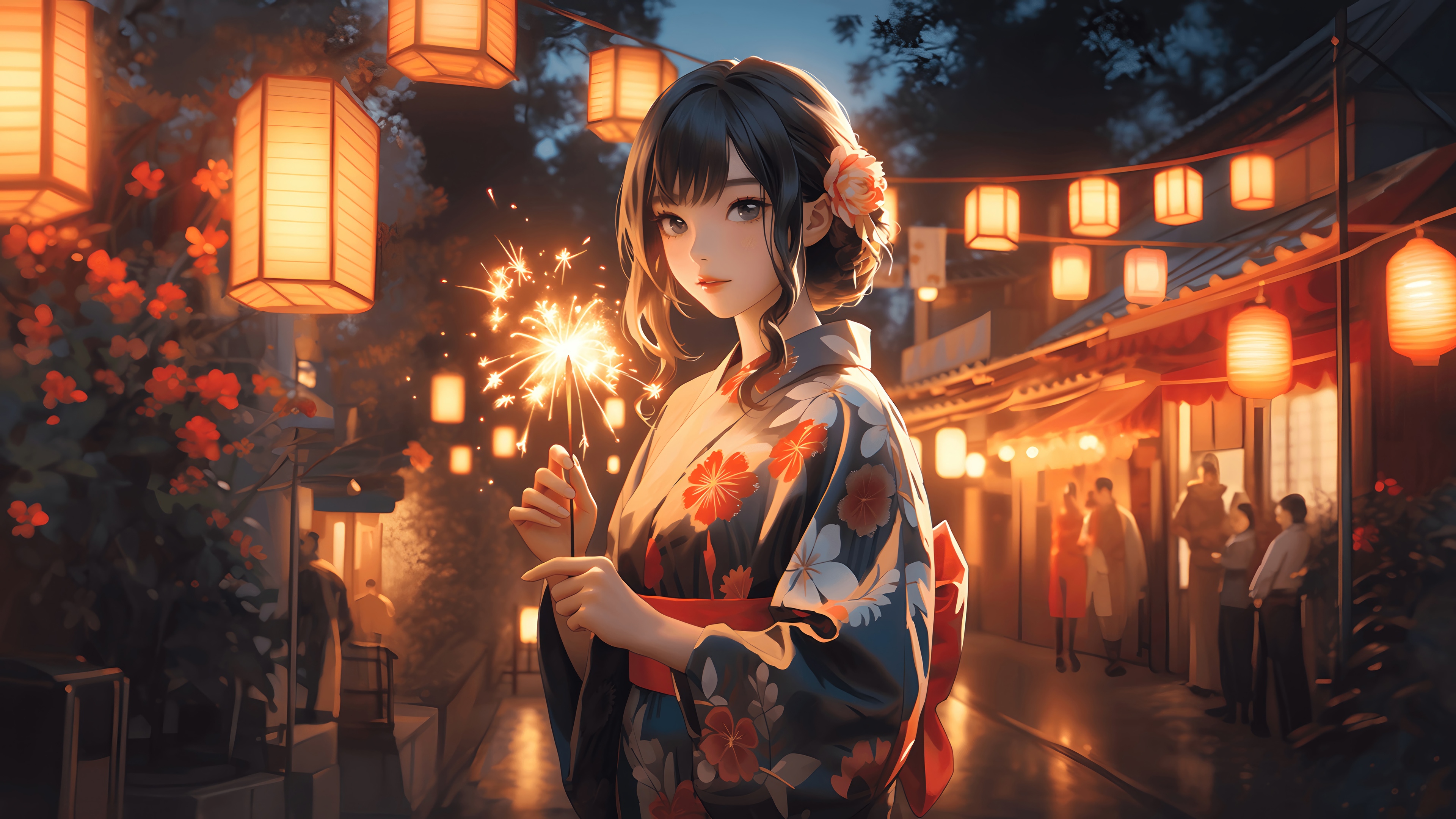 Girl in Kimono Holding Sparkler with Lanterns HD Wallpaper