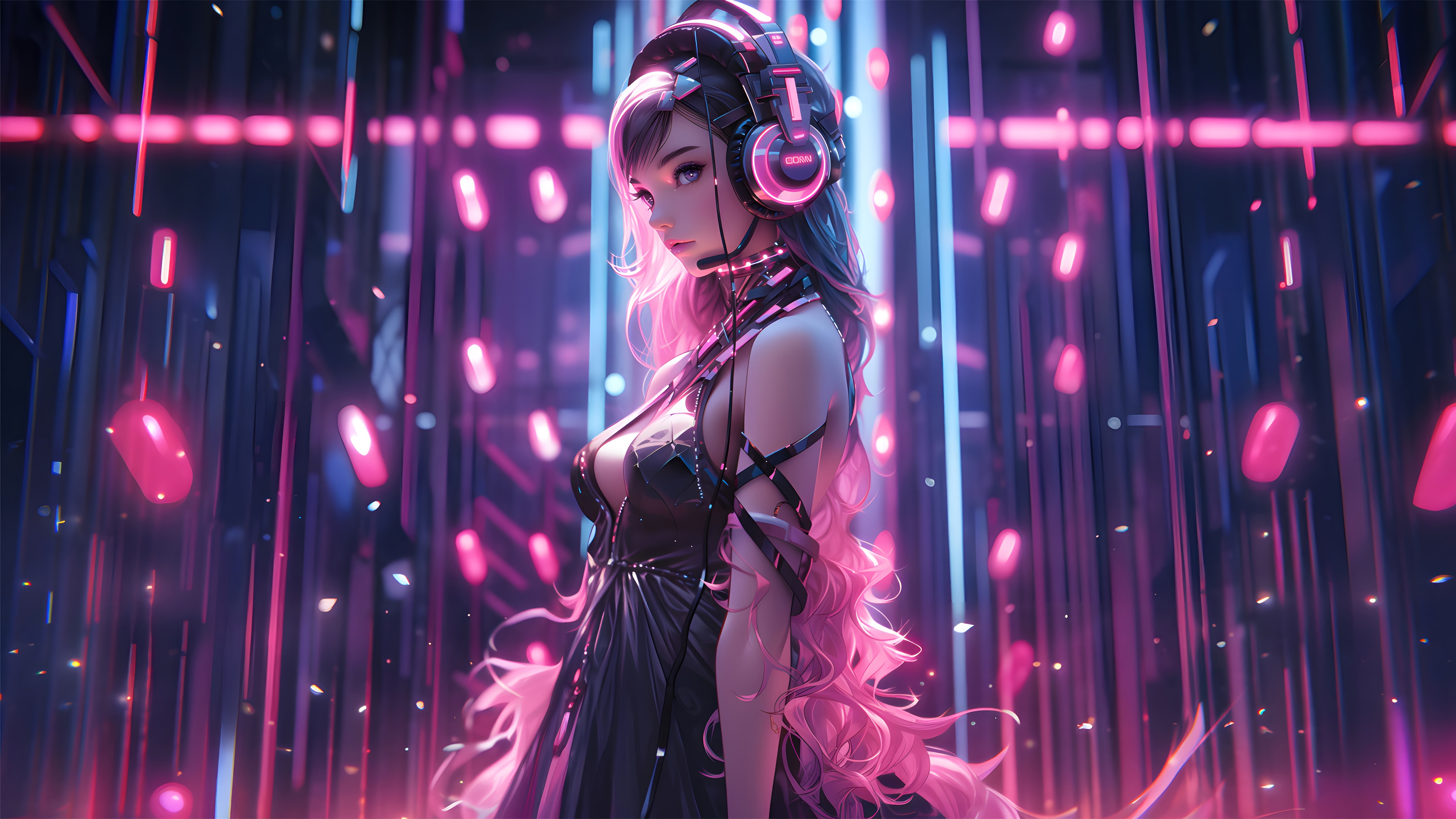 Girl with Headphones in Neon Lights 4K HD Wallpaper