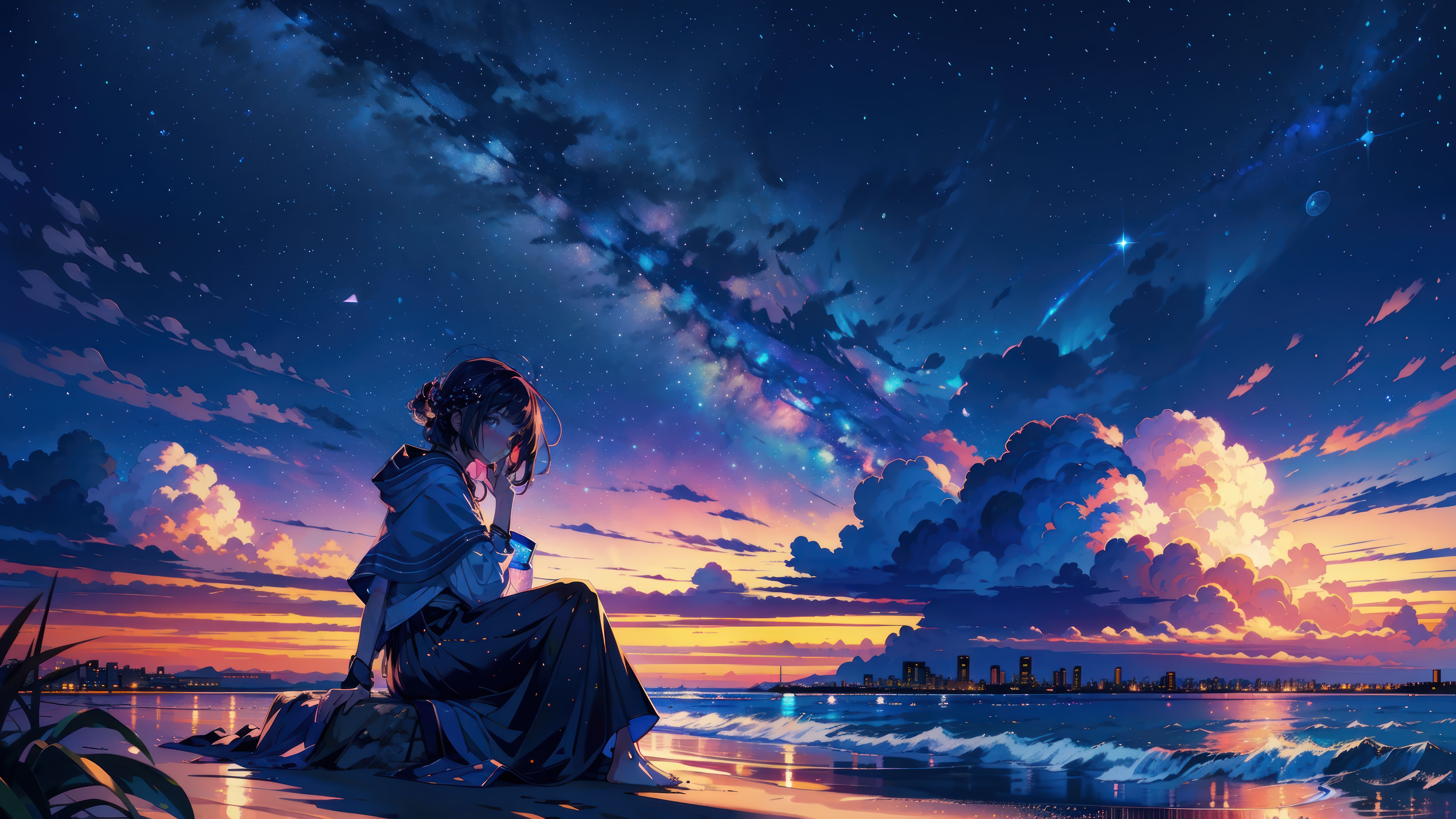 Girl on Beach Watching Sunset and Starry Sky 4K HD Wallpaper